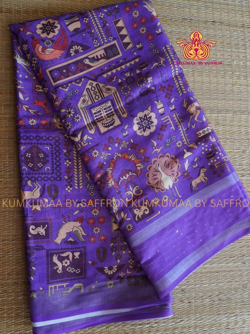 LINEN COTTON- LAVENDER COLOUR SAREE- ANIMAL DESIGN PRINTED - Soft and comfortable everyday wear saree - WITH BLOUSE - Kumkumaa exclusive - Comfort wear Collection- Trendy and comfortable
