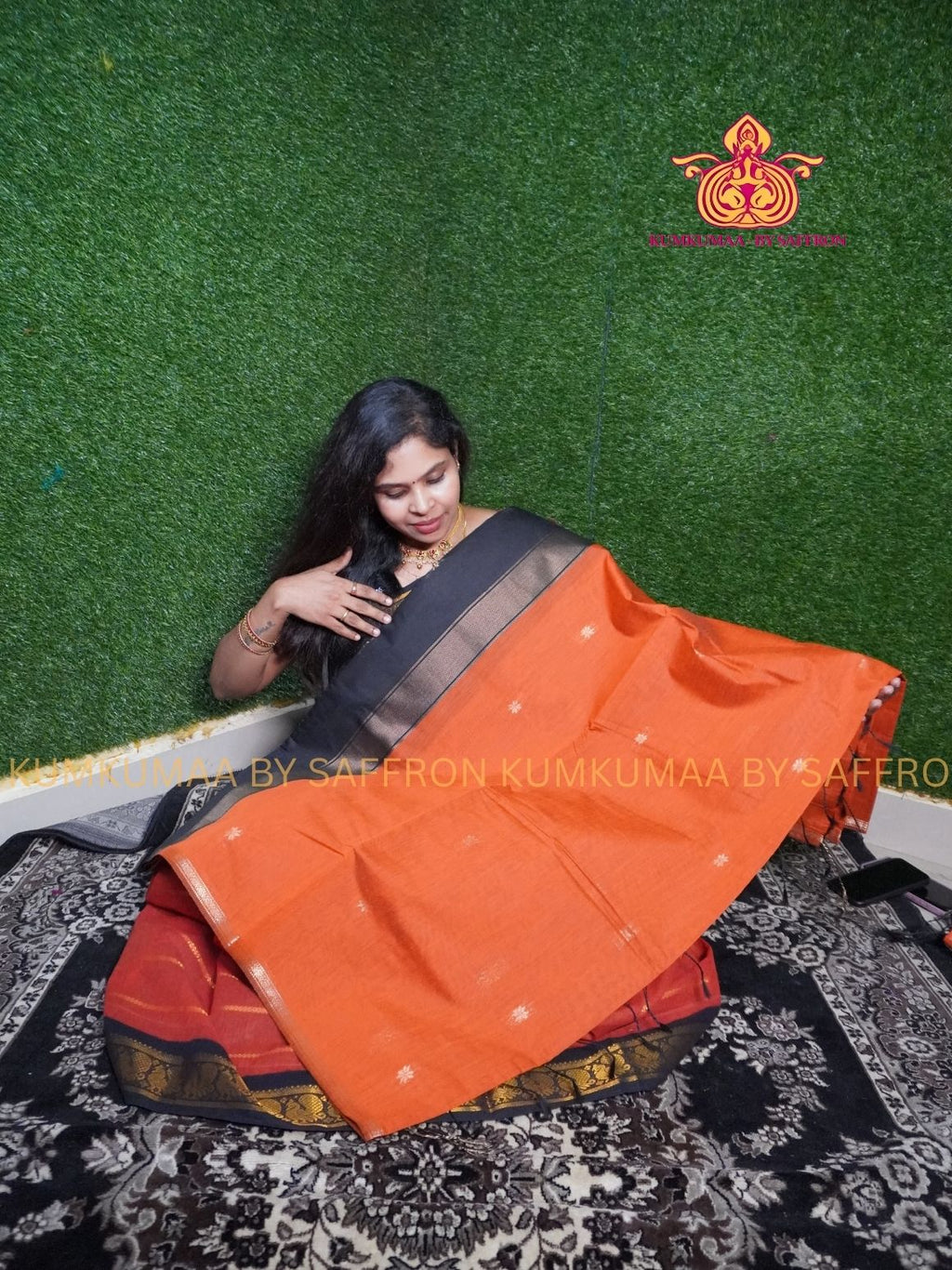 MAHESHWARI COTTON SILK-ORANGE AND BLACK SAREE WITH BLOUSE - Kumkumaa FESTIVE - GOLD ZARI WEAVING - OCCASION ELEGANCE