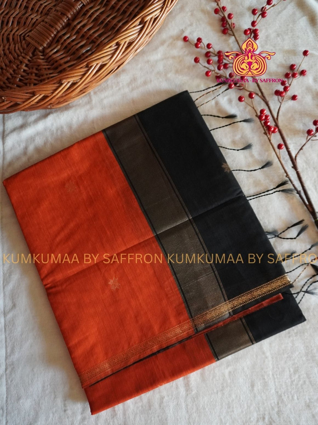 MAHESHWARI COTTON SILK-ORANGE AND BLACK SAREE WITH BLOUSE - Kumkumaa FESTIVE - GOLD ZARI WEAVING - OCCASION ELEGANCE