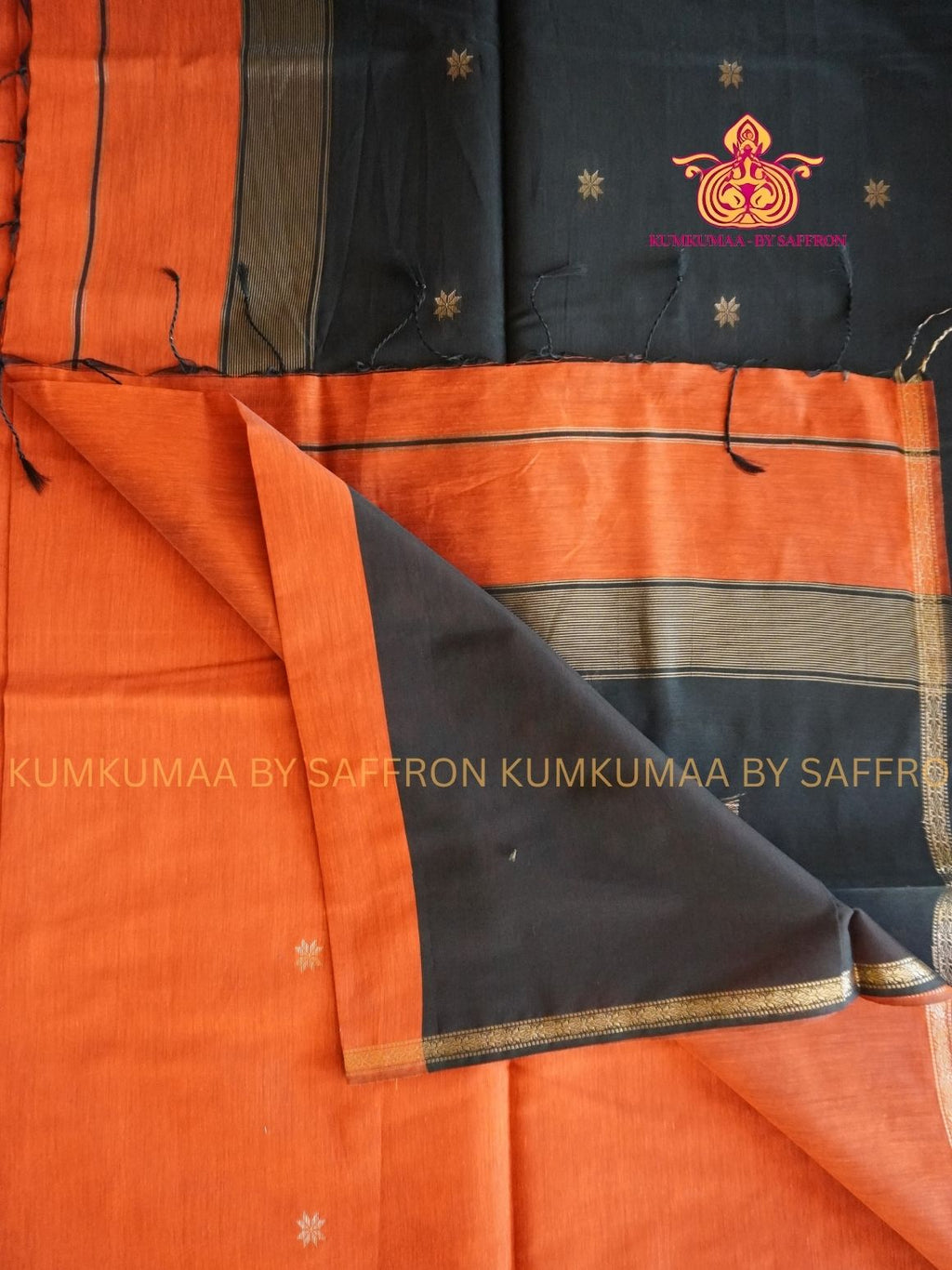 MAHESHWARI COTTON SILK-ORANGE AND BLACK SAREE WITH BLOUSE - Kumkumaa FESTIVE - GOLD ZARI WEAVING - OCCASION ELEGANCE
