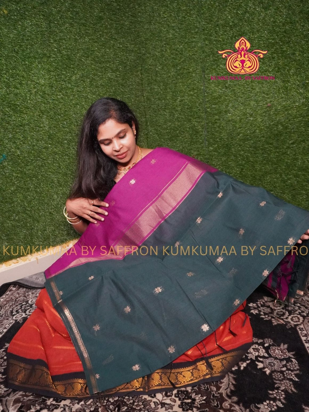 MAHESHWARI COTTON SILK-DARK GREEN AND PURPLE PINK SAREE WITH BLOUSE - Kumkumaa FESTIVE - GOLD ZARI WEAVING - OCCASION ELEGANCE