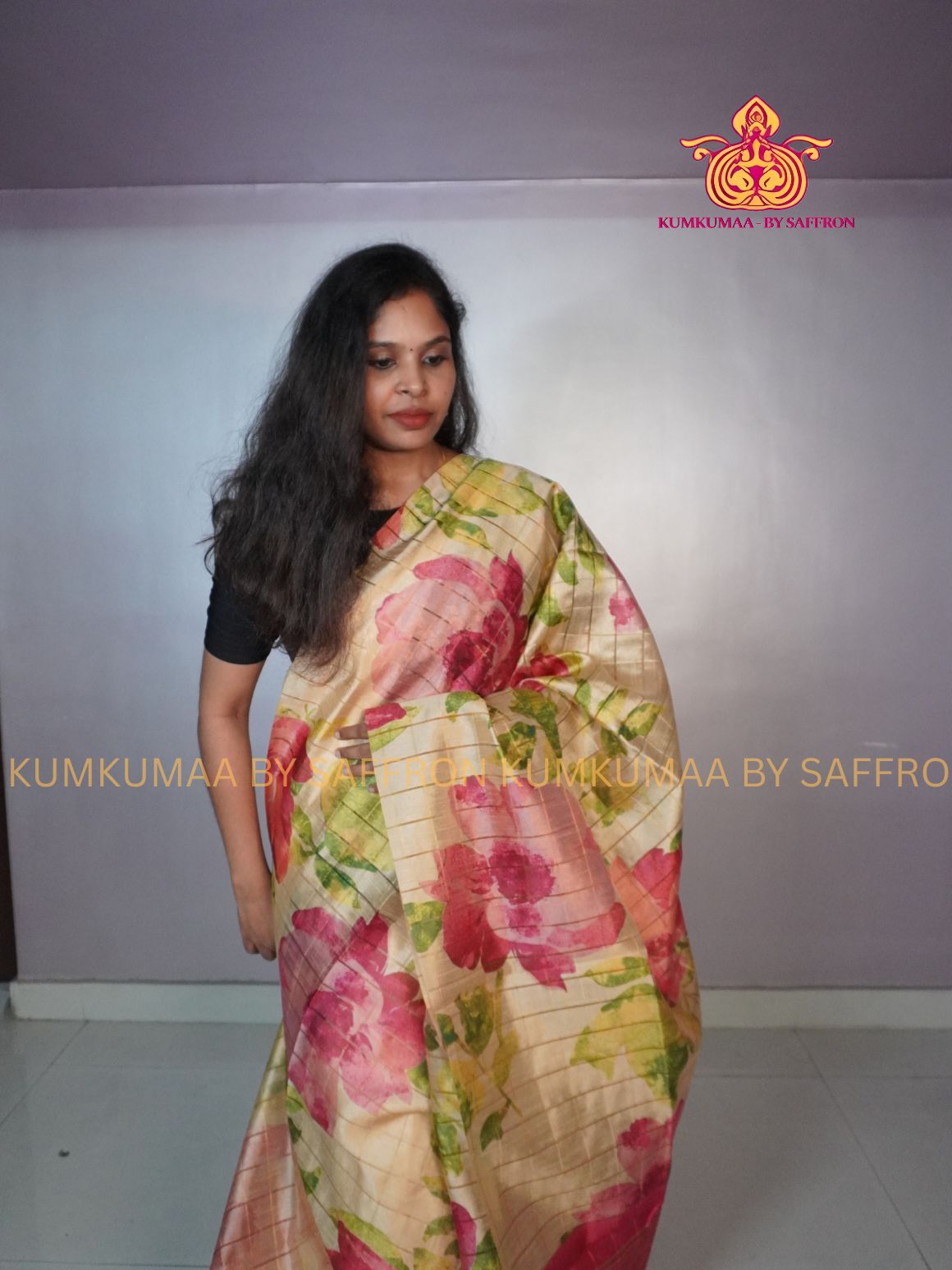 TUSSAR SILK - BEIGE AND PINK - FLOWER DESIGN SAREE - CHECKED DESIGN - WITHOUT BORDER - LATEST COLLECTION - KUMKUMAA BY SAFFRON - UNIQUE DESIGN
