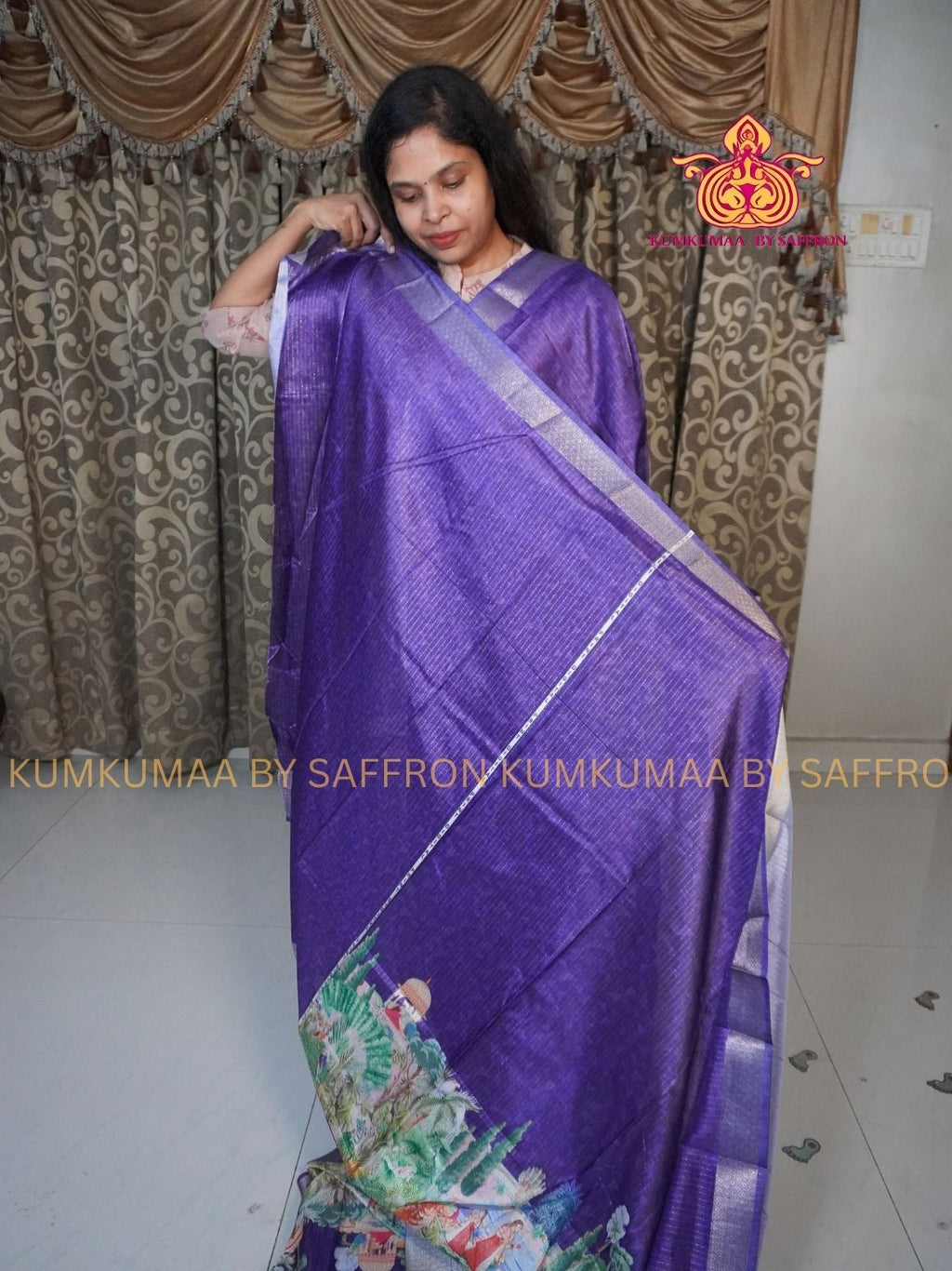 Dola Silk - COMFORTABLE FESTIVE Beautiful saree for women- PURPLE - ZARI STRIPES DESIGN - ANIMAL &amp; FOREST PRINT - KUMKUMAA TRENDY TRADITIONAL WEAR - Comfort - Confidence - Elegance