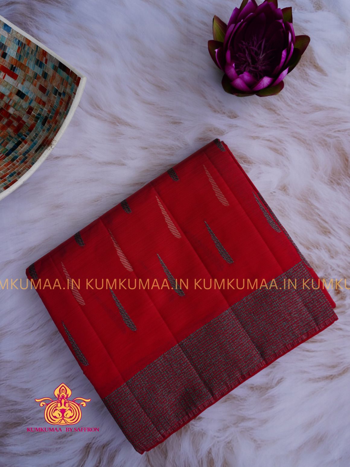 RAW SILK SAREE - RED SAREE WITH THILAK DESIGN WITH STRIPED BORDER - ETHNIC WEAR - EXCLUSIVE KUMKUMAA COLLECTION- RAW SILK MATERIAL - PREMIUM QUALITY -FESTIVE