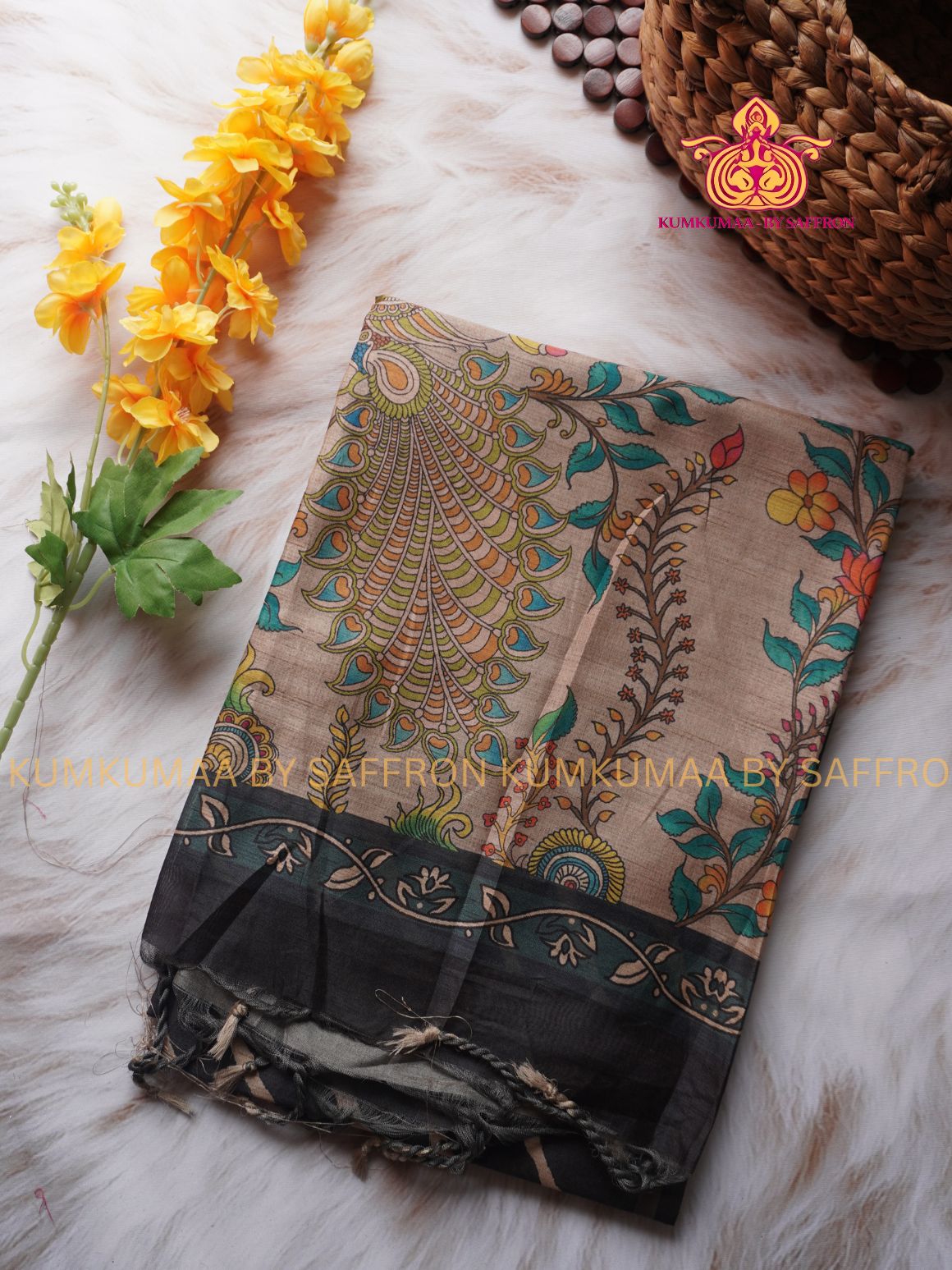 TUSSAR SILK - BLACK COLOUR ZIG ZAG DESIGN SAREE- MEHANDI DESIGN PALLU - LATEST COLLECTION - KUMKUMAA BY SAFFRON - UNIQUE DESIGN