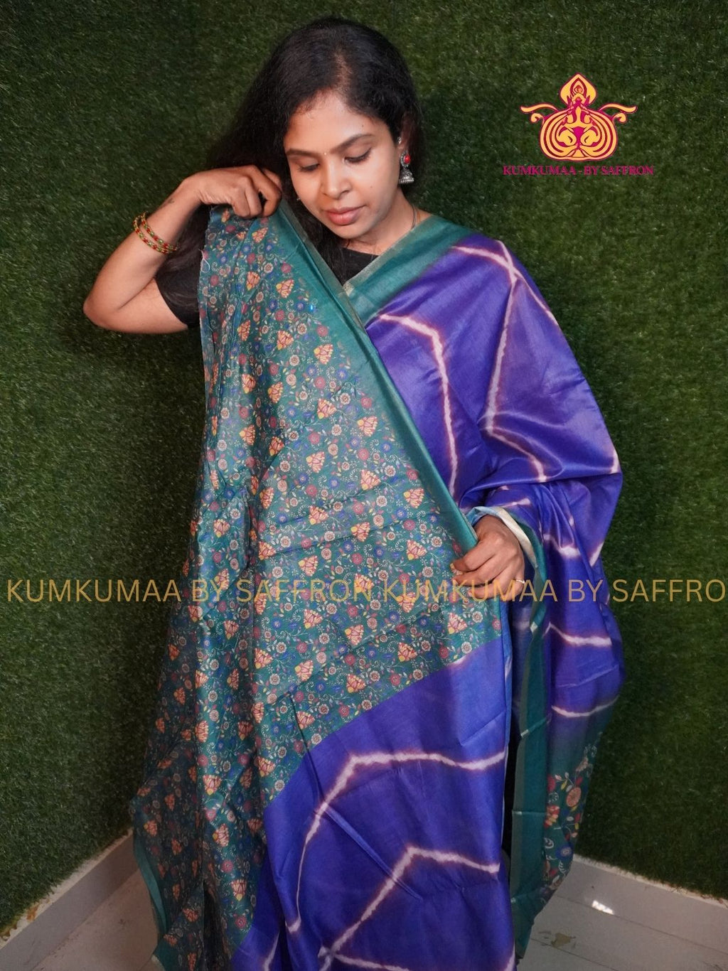 CHANDERI COTTON - PURPLE WITH DARK GREEN - ZIG ZAG DESIGN FLORAL BLOUSE AND PALLU- PROFESSIONAL WEAR- MINIMALIST BORDER - LATEST COLLECTION - KUMKUMAA BY SAFFRON - ELITE DESIGN