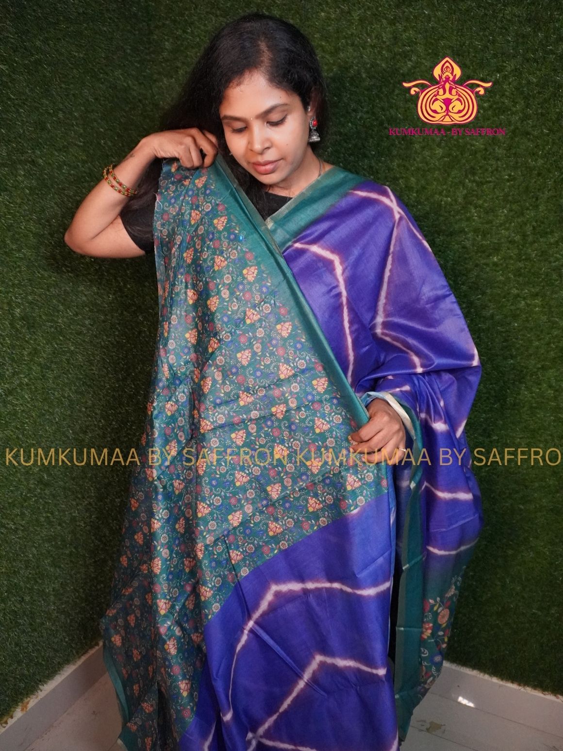 CHANDERI COTTON - PURPLE WITH DARK GREEN - ZIG ZAG DESIGN FLORAL BLOUSE AND PALLU- PROFESSIONAL WEAR- MINIMALIST BORDER - LATEST COLLECTION - KUMKUMAA BY SAFFRON - ELITE DESIGN