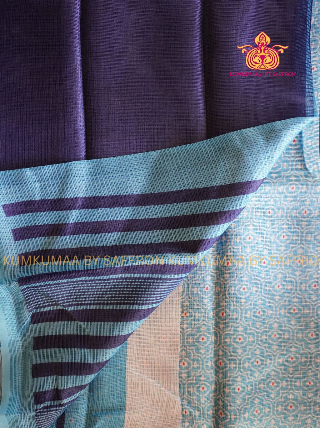 KOTA - NAVY BLUE-LIGHT BLUE SAREE - PLAIN SAREE - PRINTED BLOUSE- Kumkumaa LIGHT WEIGHT - BREATHABLE SAREE- FANCY AND ELEGANT