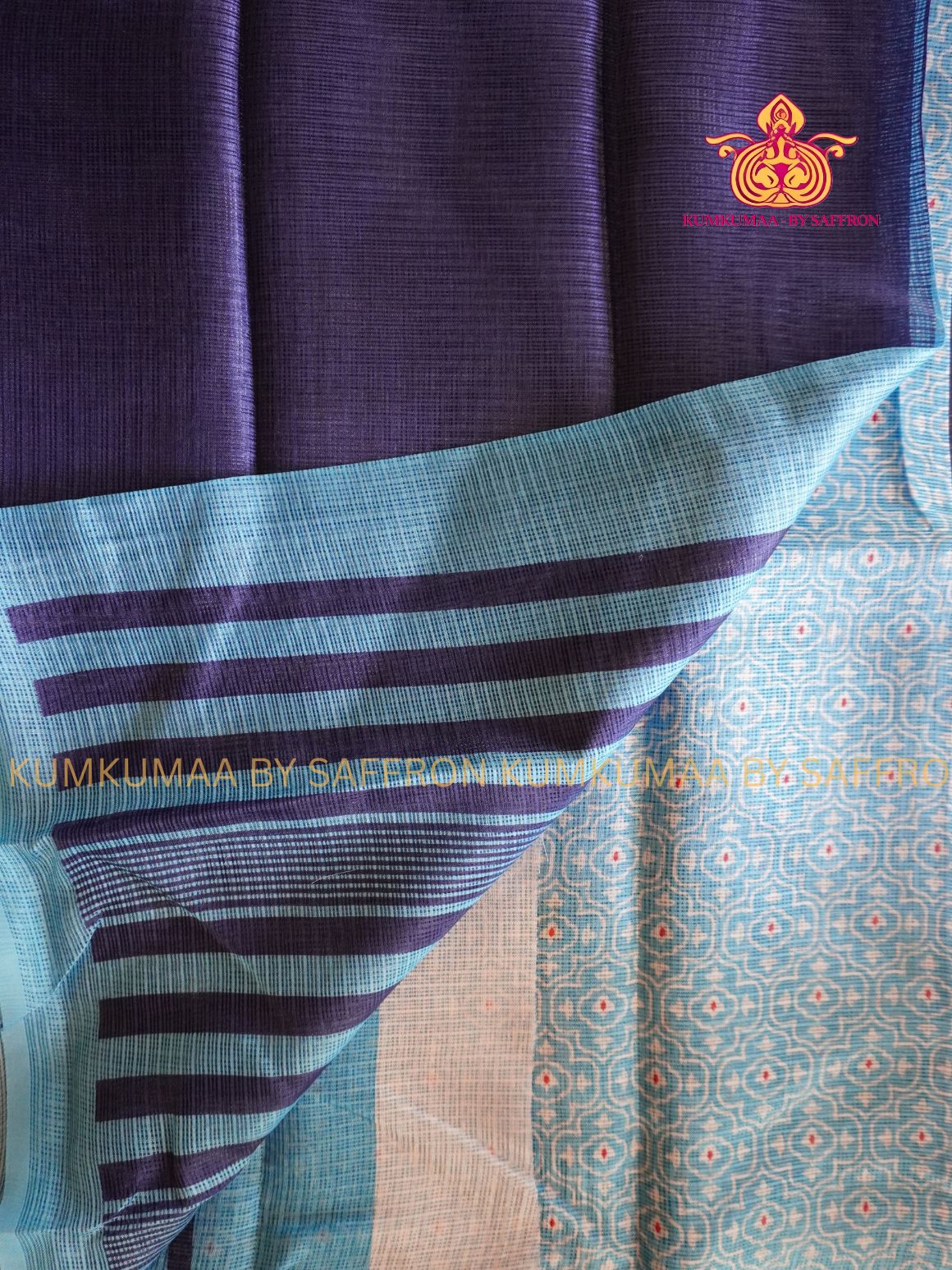 KOTA - NAVY BLUE-LIGHT BLUE SAREE - PLAIN SAREE - PRINTED BLOUSE- Kumkumaa LIGHT WEIGHT - BREATHABLE SAREE- FANCY AND ELEGANT