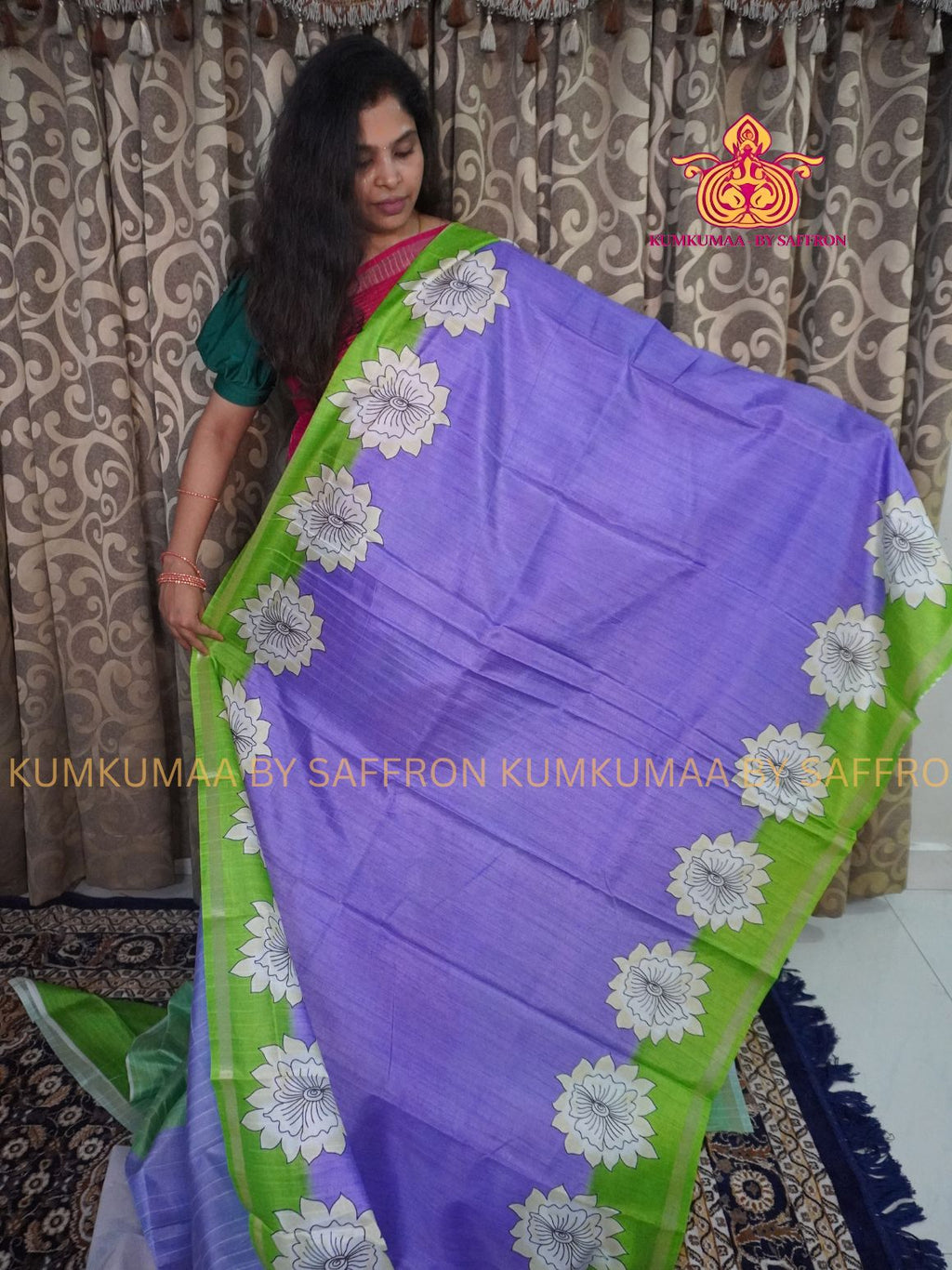 TUSSAR SILK - LAVENDER AND LIGHT GREEN - FLORAL PRINTED SAREE - SKIRTING BORDER - LATEST COLLECTION - KUMKUMAA BY SAFFRON - UNIQUE DESIGN