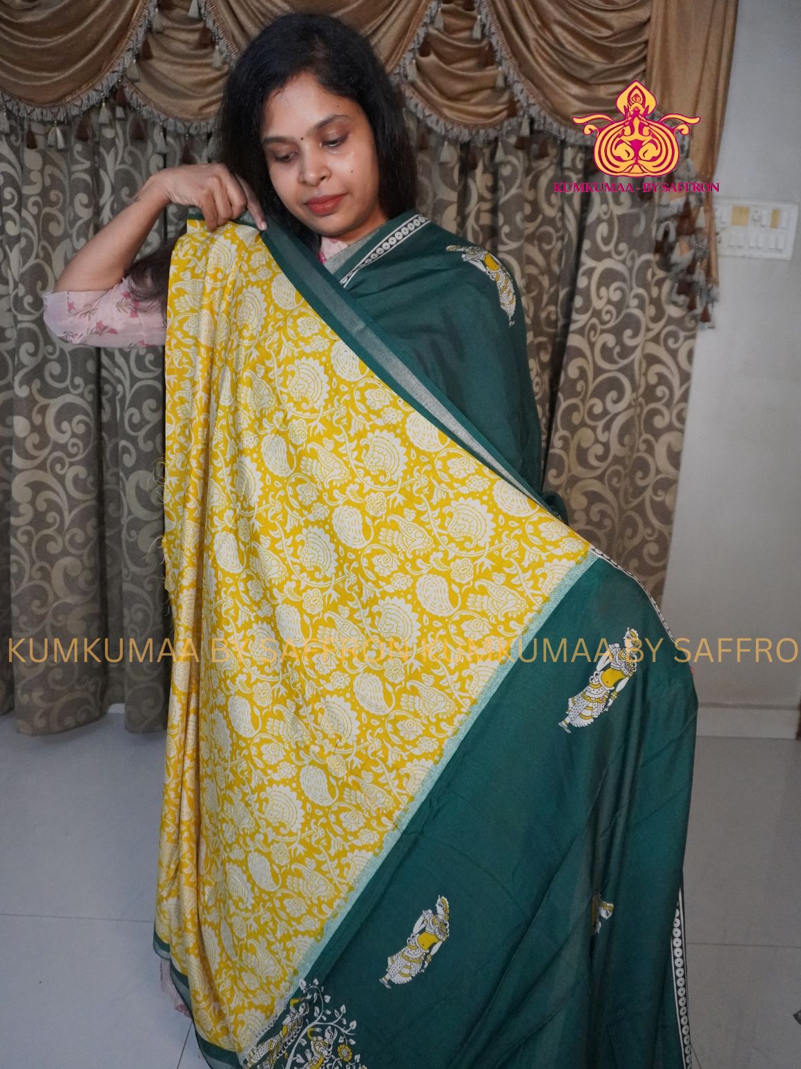 MAHESHWARI COTTON SILK- DARK GREEN AND YELLOW SAREE WITH BLOUSE - MINIMALISTIC BORDER -FLORAL DESIGN PRINTED- Kumkumaa FESTIVE - OCCASION ELEGANCE - STYLISH AND BEAUTIFUL