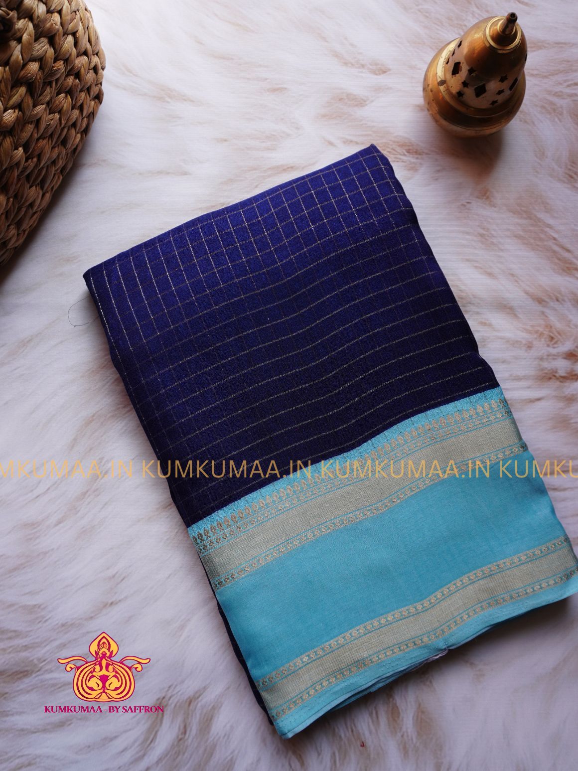 MYSORE Silk SAREE - FESTIVE Beautiful saree for women- NAVY BLUE WITH LIGHT BLUE COLOUR- CHECKED GOLD DESIGN - RETTAPET BORDER- KUMKUMAA TRENDY TRADITIONAL WEAR - Comfort - Confidence - Elegance