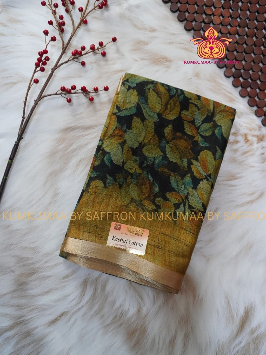 SOFT COTTON - BLACK GREEN AND HONEY COLOUR - FALL LEAVES DESIGN SAREE - ZARI MINIMALIST BORDER - LATEST COLLECTION - KUMKUMAA BY SAFFRON - UNIQUE DESIGN