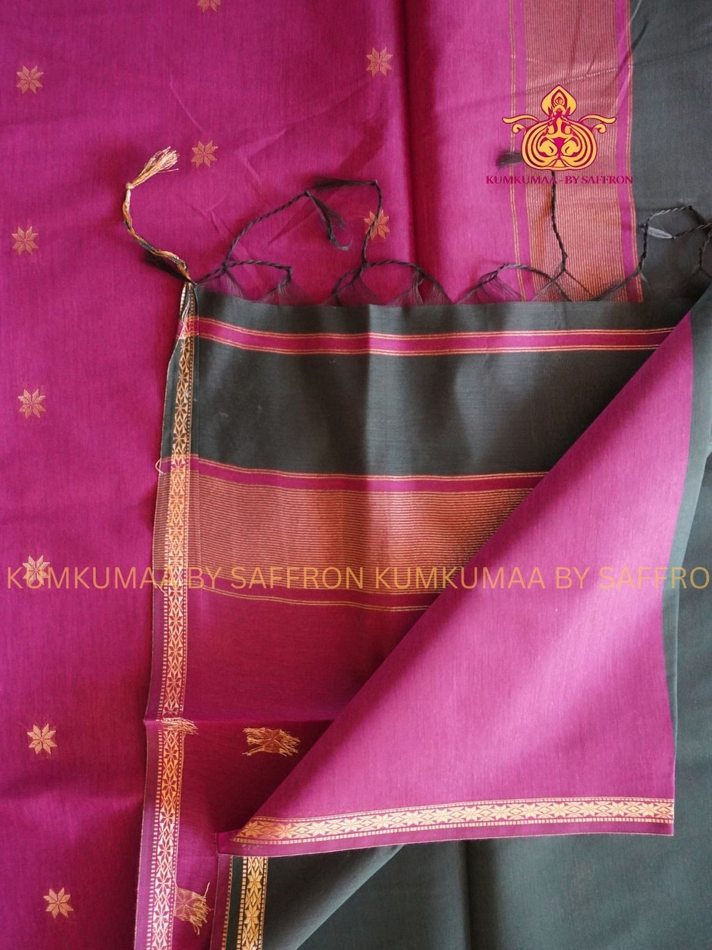 MAHESHWARI COTTON SILK-DARK GREEN AND PURPLE PINK SAREE WITH BLOUSE - Kumkumaa FESTIVE - GOLD ZARI WEAVING - OCCASION ELEGANCE