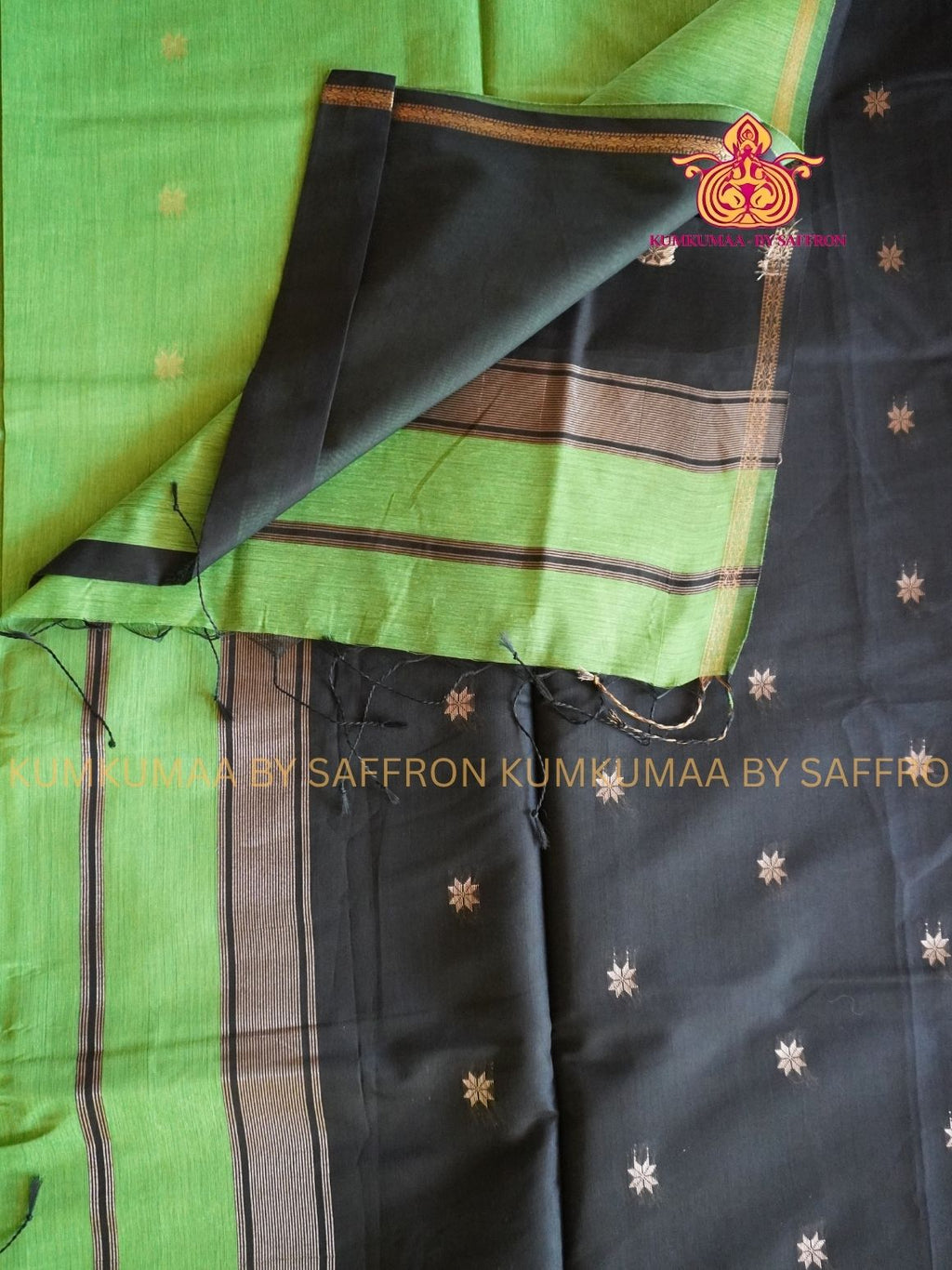 MAHESHWARI COTTON SILK-PARROT GREEN AND DARK GREEN SAREE WITH BLOUSE - Kumkumaa FESTIVE - GOLD ZARI WEAVING - OCCASION ELEGANCE