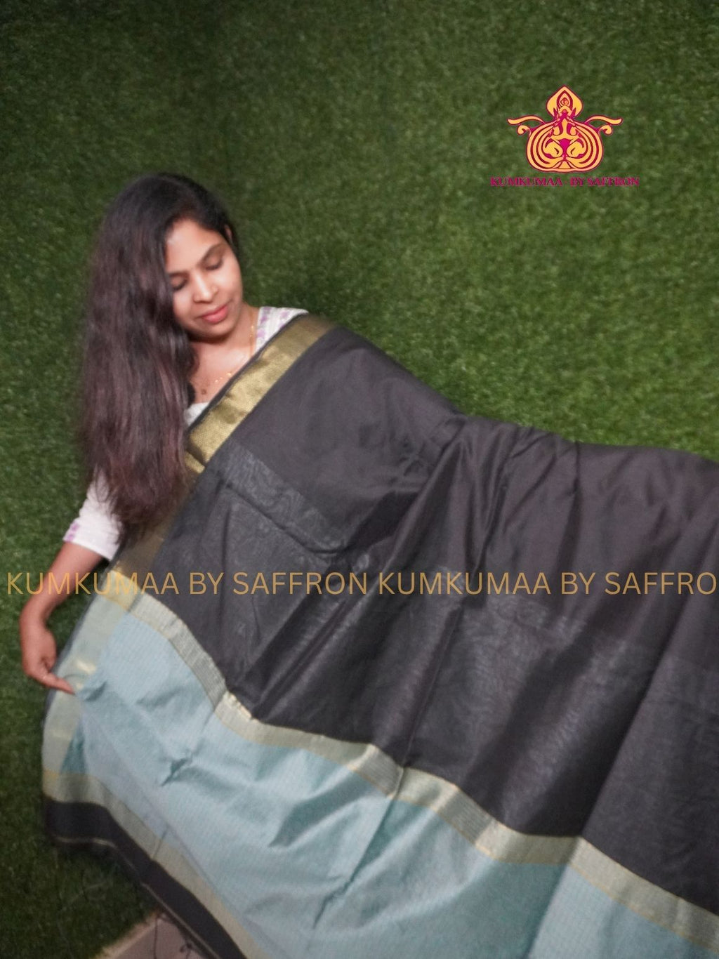 SILK COTTON - BLACK AND GRAY CHECKED SAREE WITH BLOUSE -SOFT AND ELEGANT - Kumkumaa FESTIVE - COMFORTABLE TREND - TRADITIONAL