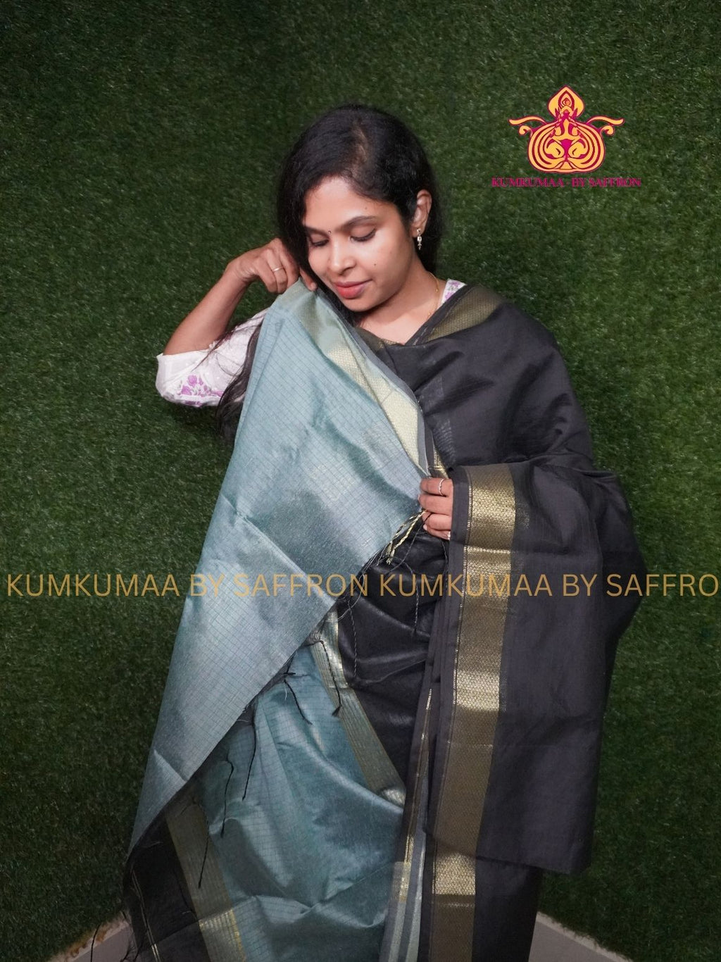 SILK COTTON - BLACK AND GRAY CHECKED SAREE WITH BLOUSE -SOFT AND ELEGANT - Kumkumaa FESTIVE - COMFORTABLE TREND - TRADITIONAL