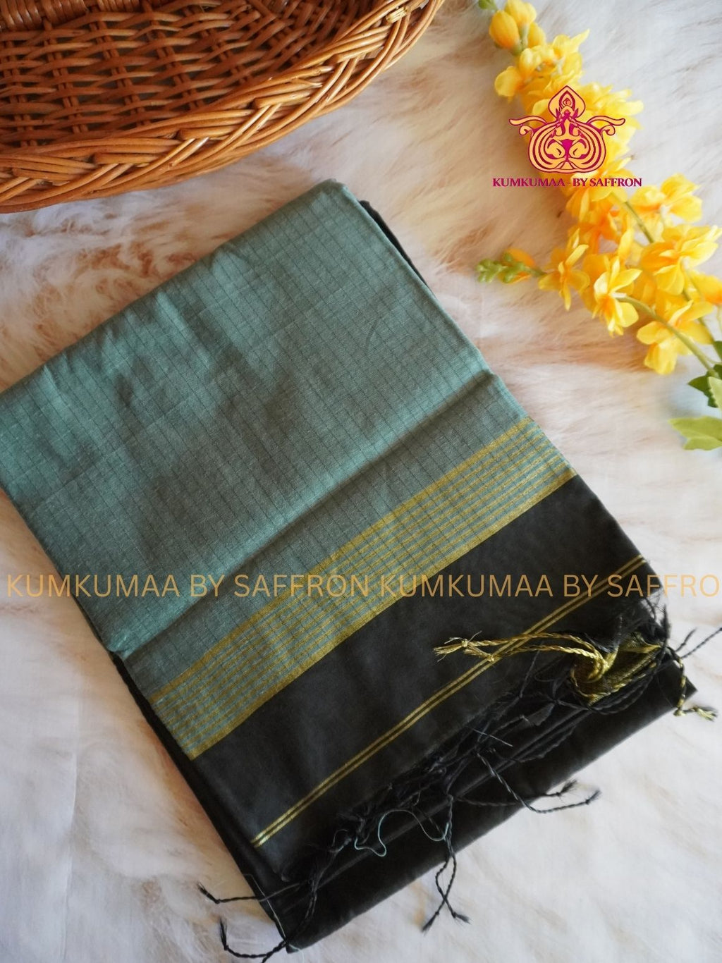 SILK COTTON - BLACK AND GRAY CHECKED SAREE WITH BLOUSE -SOFT AND ELEGANT - Kumkumaa FESTIVE - COMFORTABLE TREND - TRADITIONAL