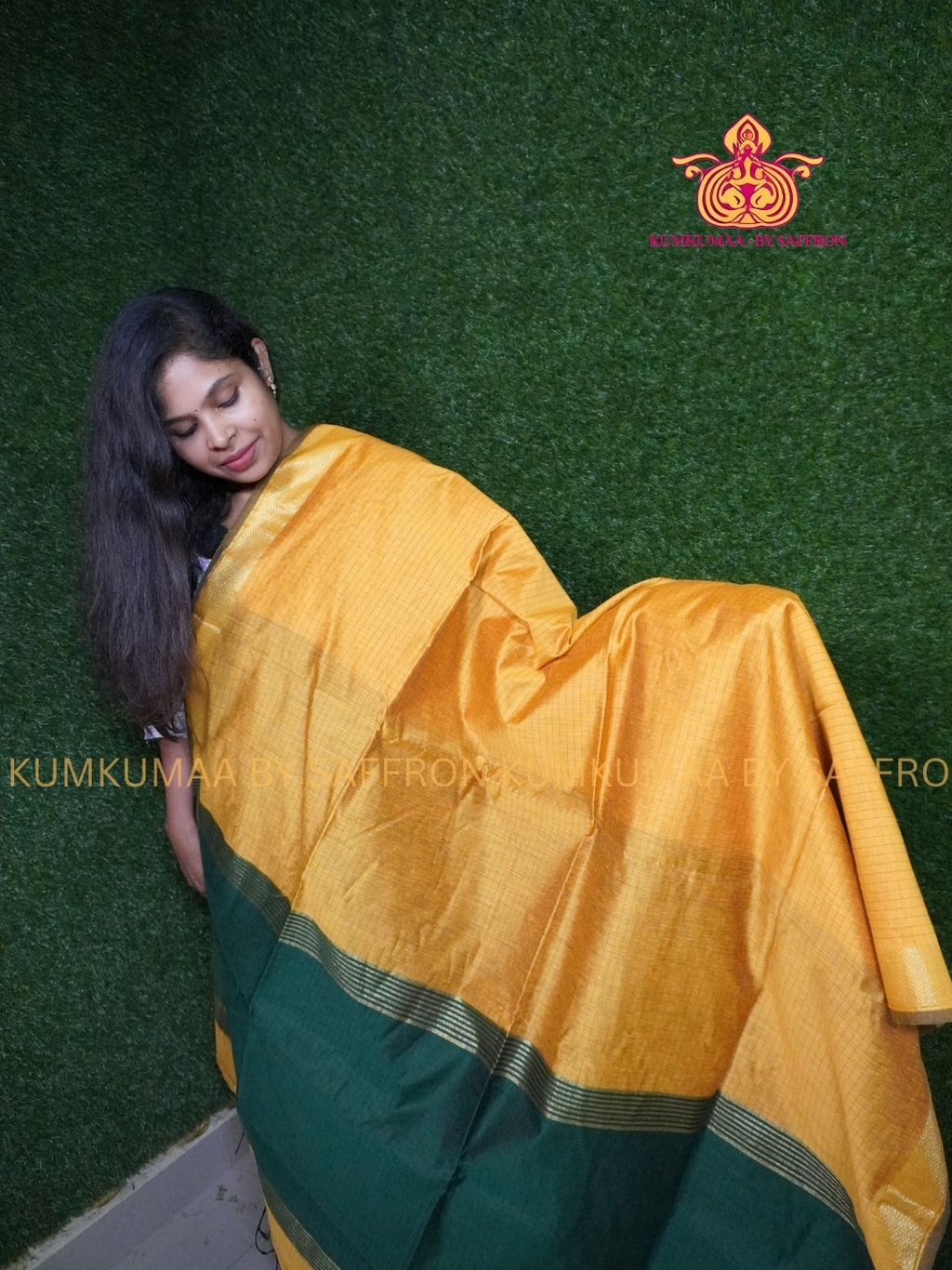 SILK COTTON - YELLOW AND GREEN CHECKED SAREE WITH BLOUSE -SOFT AND ELEGANT - Kumkumaa FESTIVE - COMFORTABLE TREND - TRADITIONAL