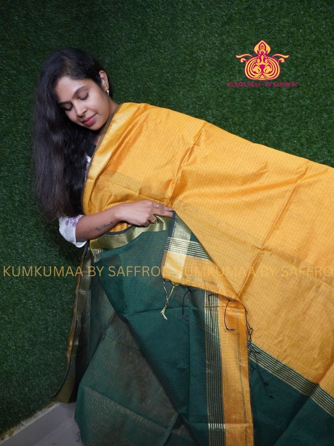 SILK COTTON - YELLOW AND GREEN CHECKED SAREE WITH BLOUSE -SOFT AND ELEGANT - Kumkumaa FESTIVE - COMFORTABLE TREND - TRADITIONAL