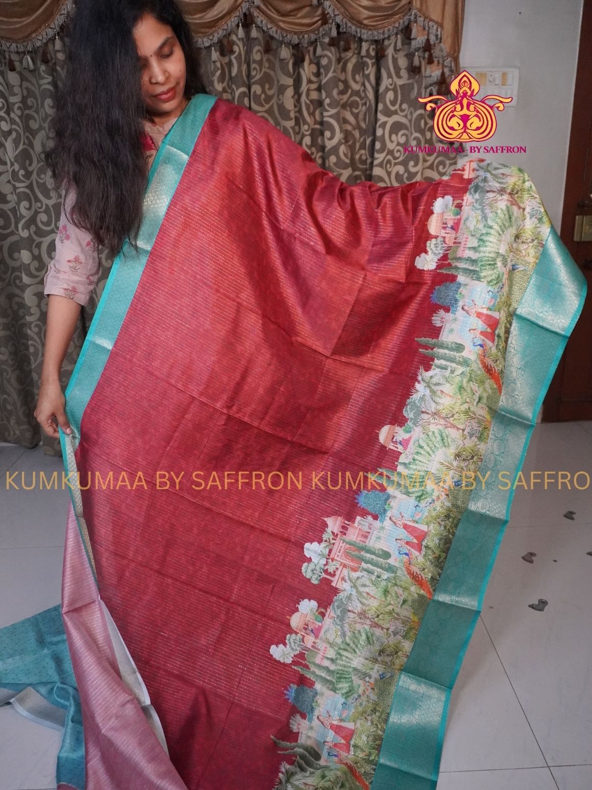 Dola Silk - COMFORTABLE FESTIVE Beautiful saree for women- RED AND TURQUOISE- ZARI STRIPES DESIGN - ANIMAL &amp; FOREST PRINT - KUMKUMAA TRENDY TRADITIONAL WEAR - Comfort - Confidence - Elegance