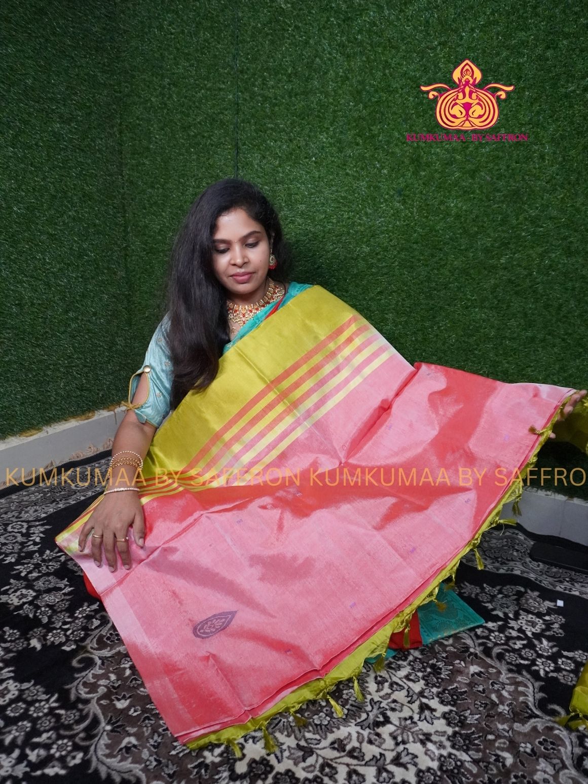 VAAZHAINAAR PATTU - PINK AND GREEN SAREE - WITHOUT BORDER- TRADITIONAL WITHOUT BLOUSE - Kumkumaa TRADITIONAL