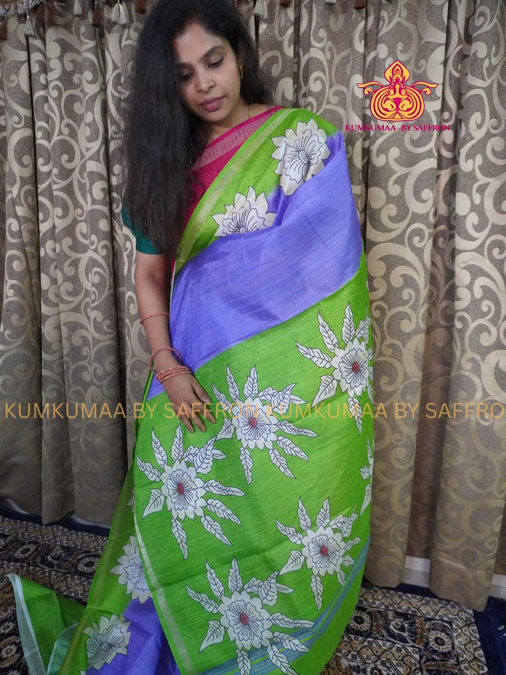 TUSSAR SILK - LAVENDER AND LIGHT GREEN - FLORAL PRINTED SAREE - SKIRTING BORDER - LATEST COLLECTION - KUMKUMAA BY SAFFRON - UNIQUE DESIGN