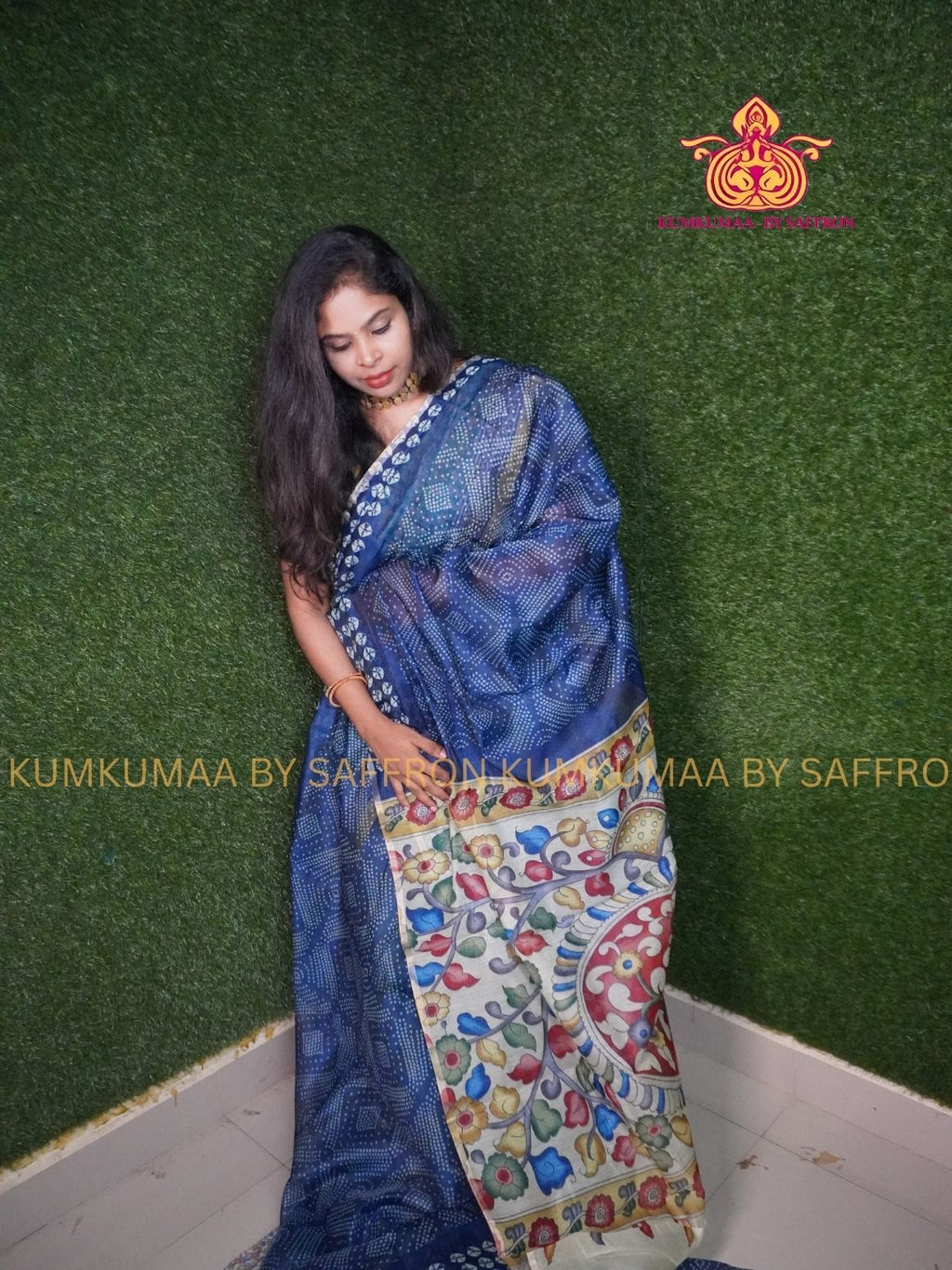 CHANDERI COTTON - BLUE - BANDHINI DESIGN FLORAL BLOUSE AND PALLU- PROFESSIONAL WEAR- MINIMALIST BORDER - LATEST COLLECTION - KUMKUMAA BY SAFFRON - ELITE DESIGN