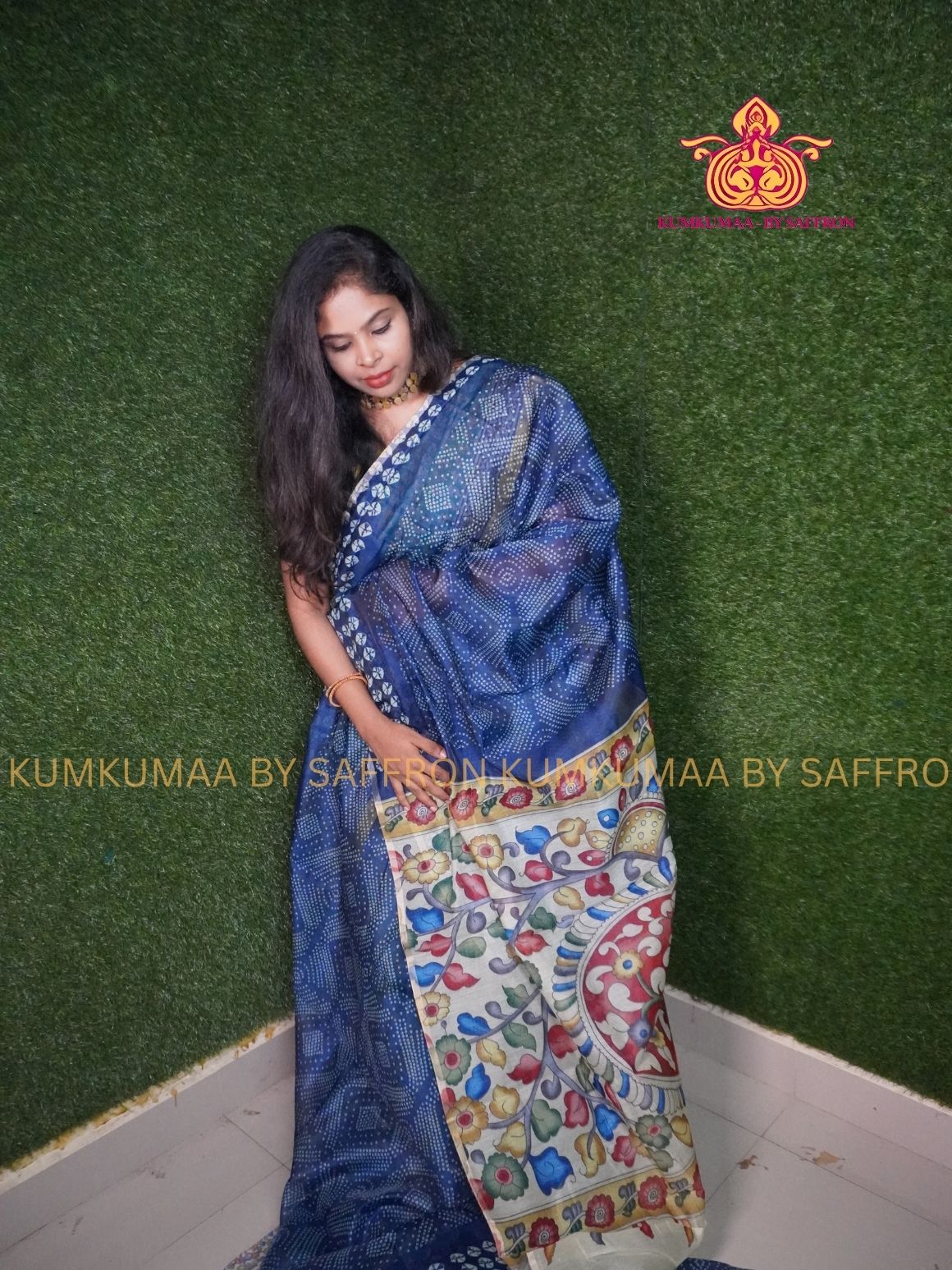 CHANDERI COTTON - BLUE - BANDHINI DESIGN FLORAL BLOUSE AND PALLU- PROFESSIONAL WEAR- MINIMALIST BORDER - LATEST COLLECTION - KUMKUMAA BY SAFFRON - ELITE DESIGN