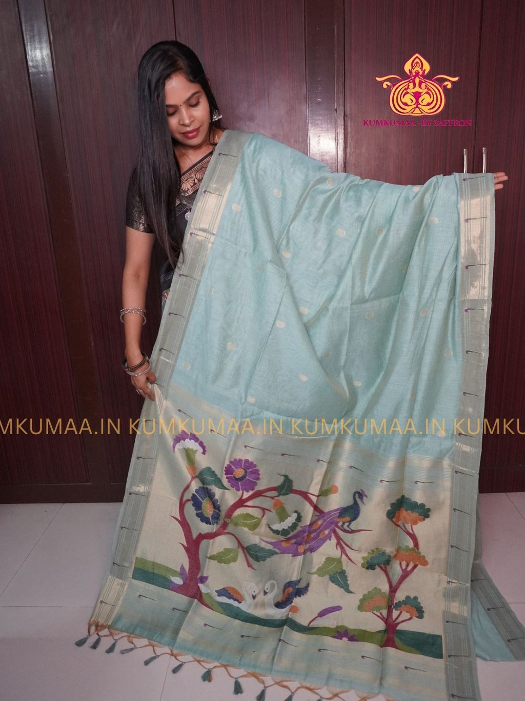 PAITHANI SAREE - PISTA GREEN SAREE WITH PAITHANI DESIGN - ETHNIC WEAR - EXCLUSIVE KUMKUMAA COLLECTION- MUNGA COTTON MATERIAL - PREMIUM QUALITY - GORGEOUS AND ROYAL