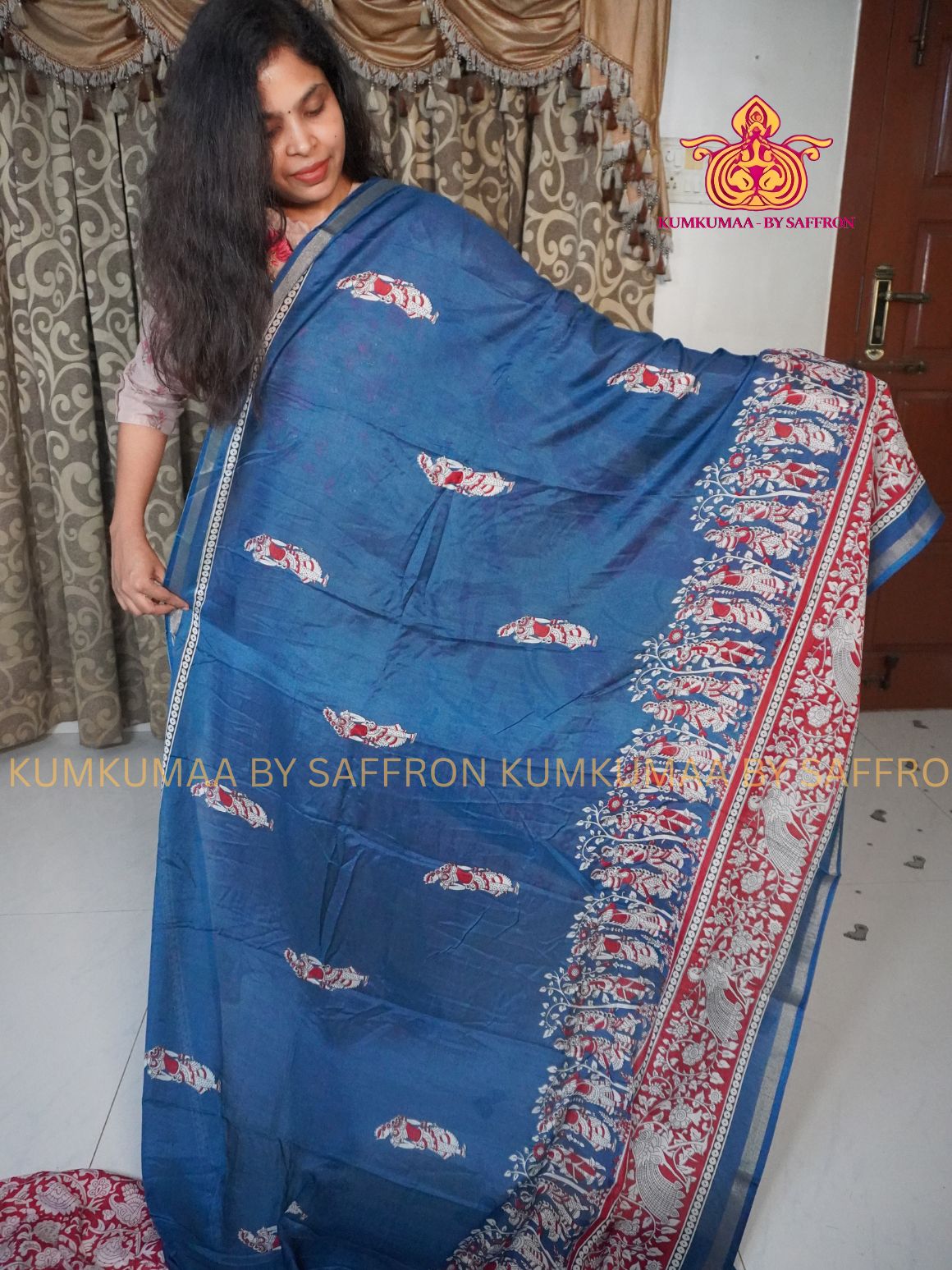 MAHESHWARI COTTON SILK- BLUE AND RED SAREE WITH BLOUSE - MINIMALISTIC BORDER -FLORAL DESIGN PRINTED- Kumkumaa FESTIVE - OCCASION ELEGANCE - STYLISH AND BEAUTIFUL