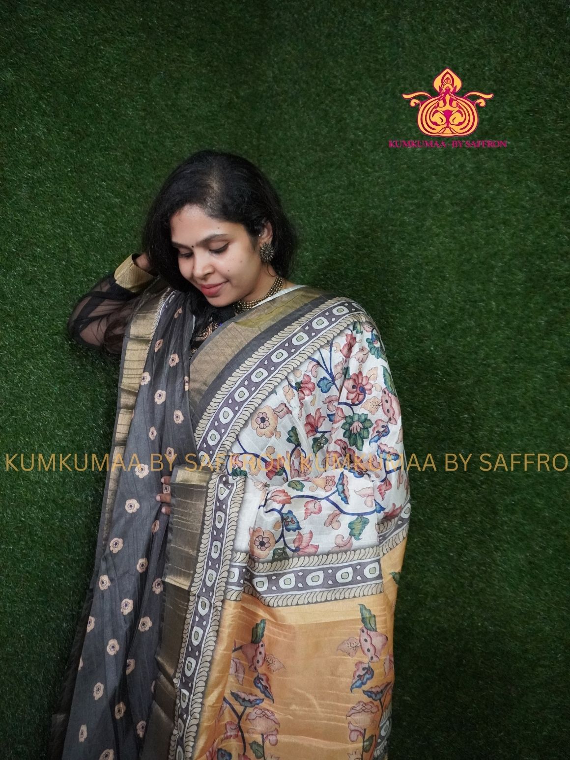 TUSSAR SILK - WHITE WITH FLORAL KALAMKARI PRINTED SAREE - LATEST COLLECTION - KUMKUMAA BY SAFFRON - UNIQUE DESIGN