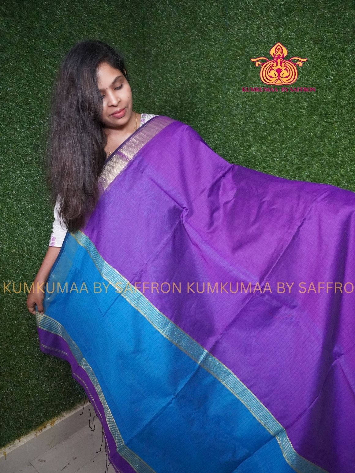 SILK COTTON - PURPLE AND BLUE CHECKED SAREE WITH BLOUSE - Kumkumaa FESTIVE - COMFORTABLE TREND - TRADITIONAL