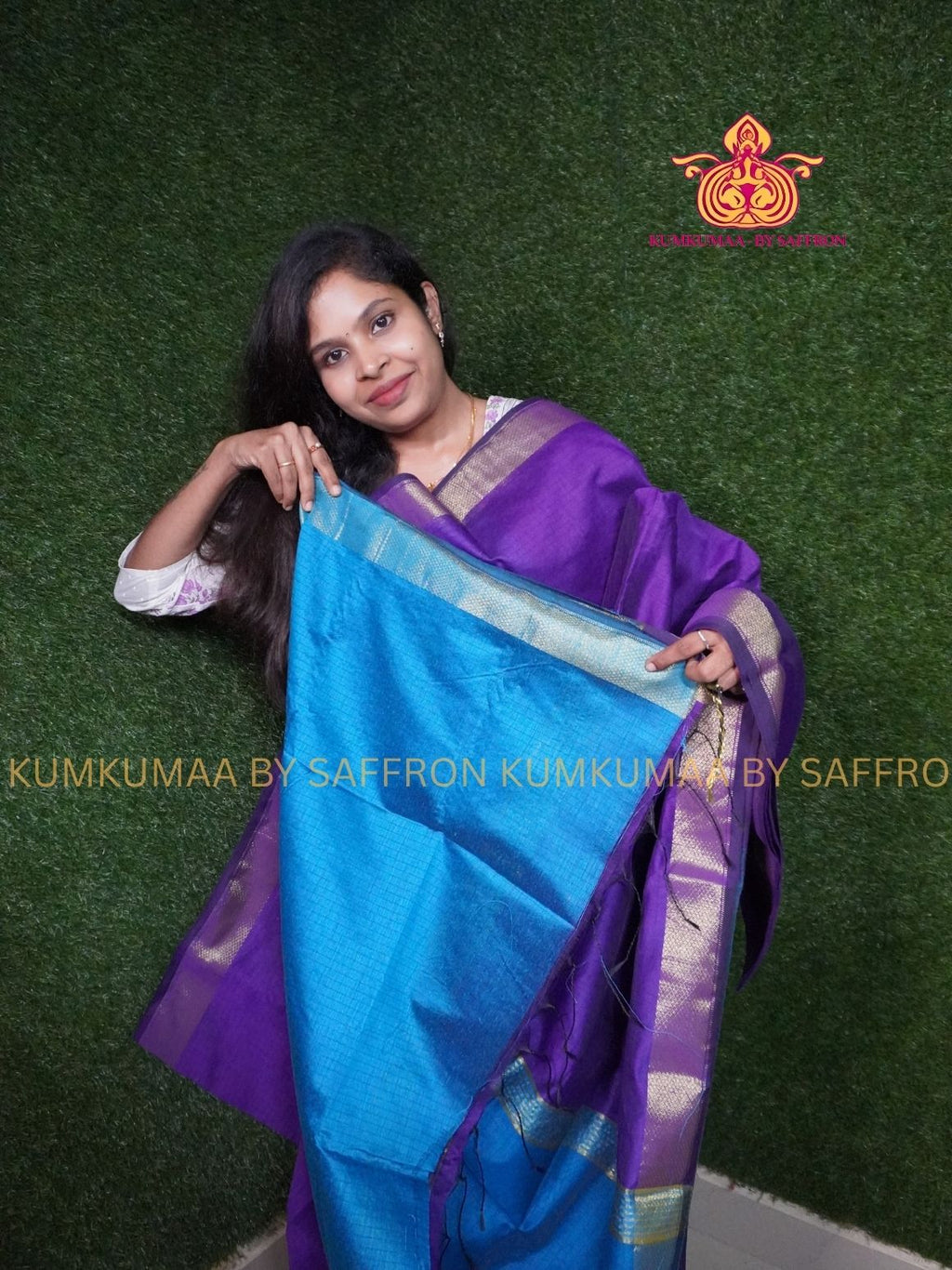 SILK COTTON - PURPLE AND BLUE CHECKED SAREE WITH BLOUSE - Kumkumaa FESTIVE - COMFORTABLE TREND - TRADITIONAL