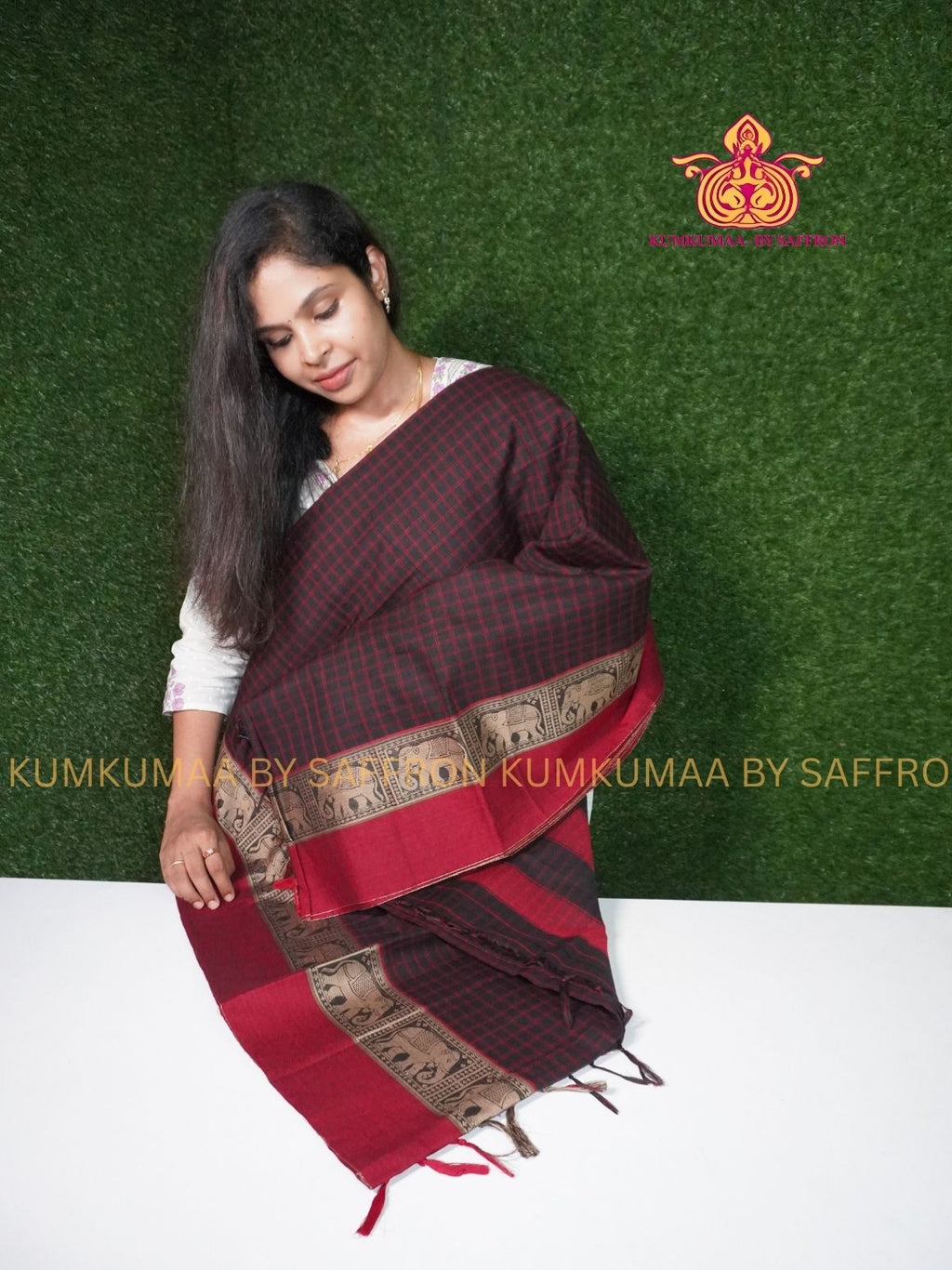 NARAYANPET - BLACK AND RED CHECKED SAREE - ELEPHANT BORDER- WITH BLOUSE - Kumkumaa SPECIAL COLLECTION- COMFORT MEETS TRADITION