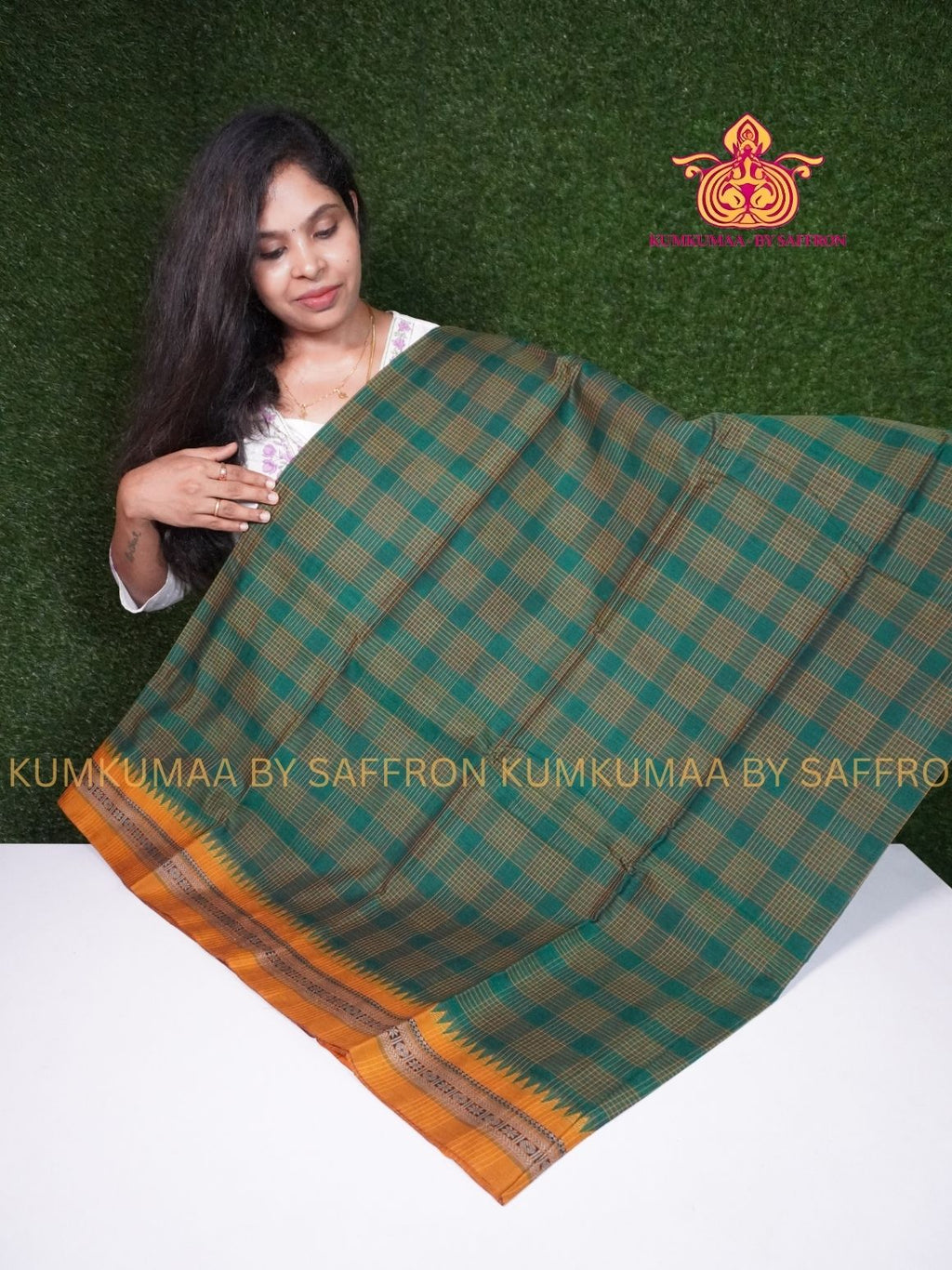 NARAYANPET - GREEN AND YELLOW CHECKED SAREE - RUDHRAKSH BORDER- WITH BLOUSE - Kumkumaa SPECIAL COLLECTION- COMFORT MEETS TRADITION