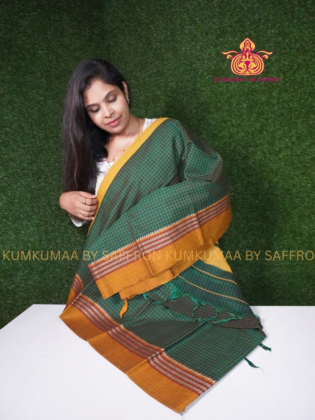 NARAYANPET - GREEN AND YELLOW CHECKED SAREE - RUDHRAKSH BORDER- WITH BLOUSE - Kumkumaa SPECIAL COLLECTION- COMFORT MEETS TRADITION