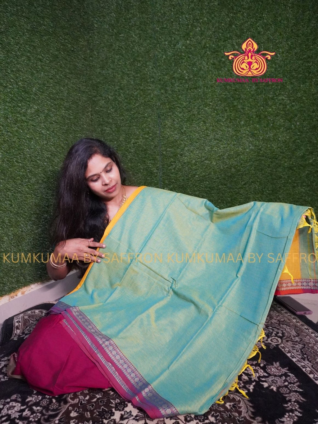 NARAYANPET - GREEN YELLOW AND MAJANTA SAREE - RUDHRAKSH BORDER- WITH BLOUSE - Kumkumaa SPECIAL COLLECTION- COMFORT MEETS TRADITION