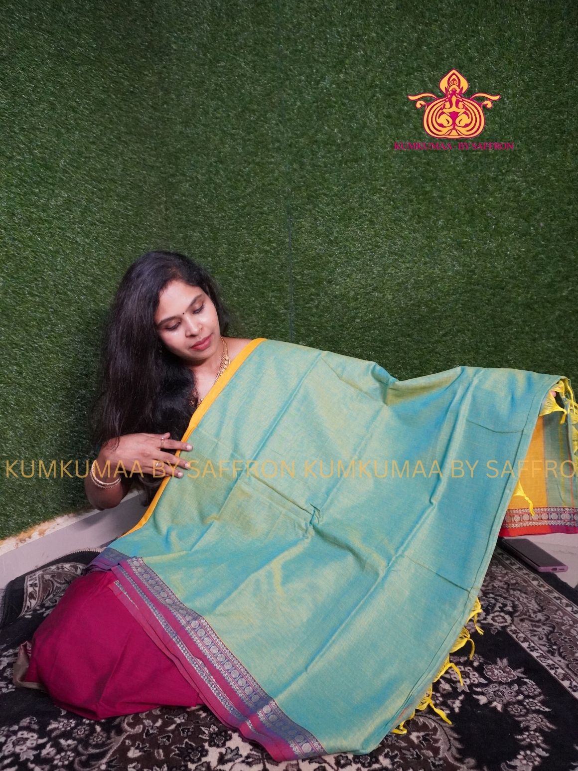 NARAYANPET - GREEN YELLOW AND MAJANTA SAREE - RUDHRAKSH BORDER- WITH BLOUSE - Kumkumaa SPECIAL COLLECTION- COMFORT MEETS TRADITION