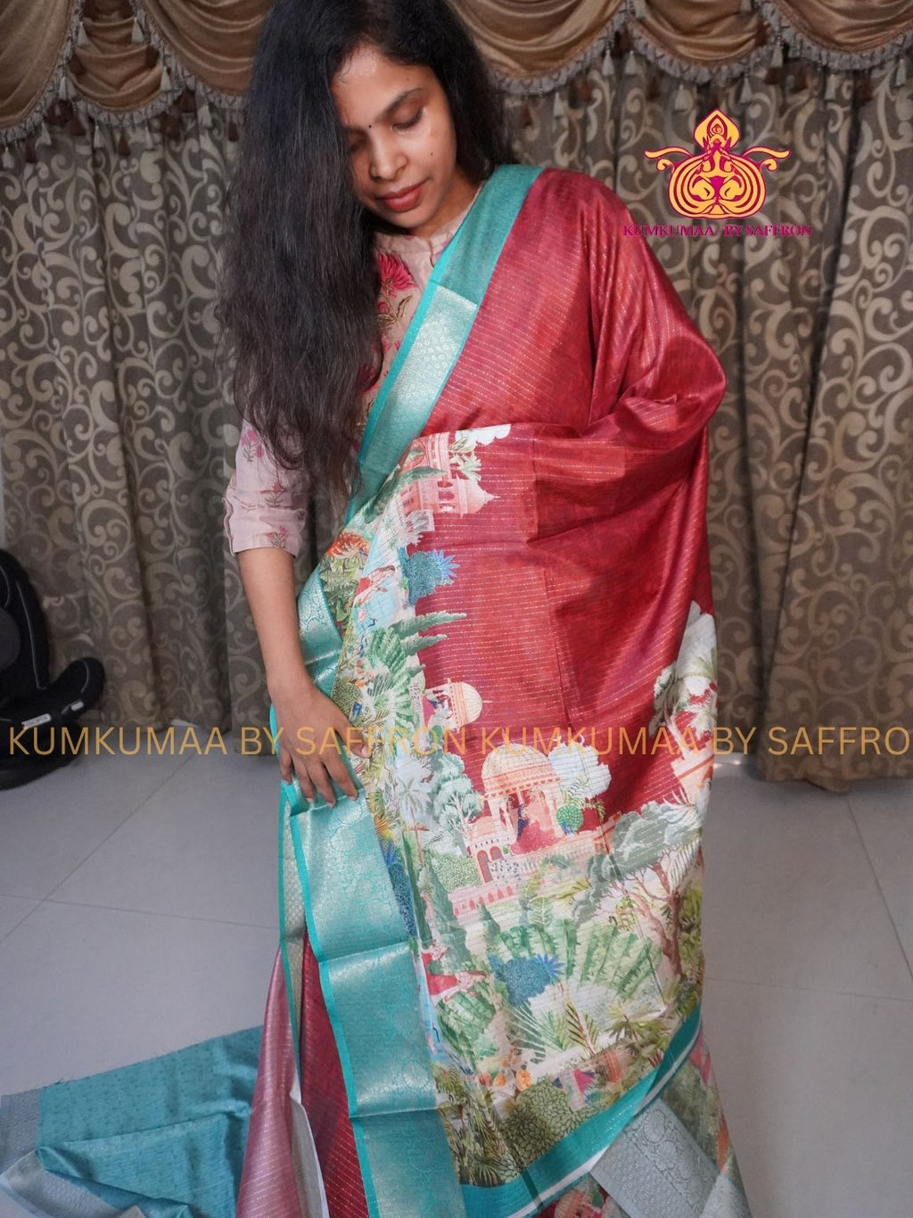 Dola Silk - COMFORTABLE FESTIVE Beautiful saree for women- RED AND TURQUOISE- ZARI STRIPES DESIGN - ANIMAL &amp; FOREST PRINT - KUMKUMAA TRENDY TRADITIONAL WEAR - Comfort - Confidence - Elegance