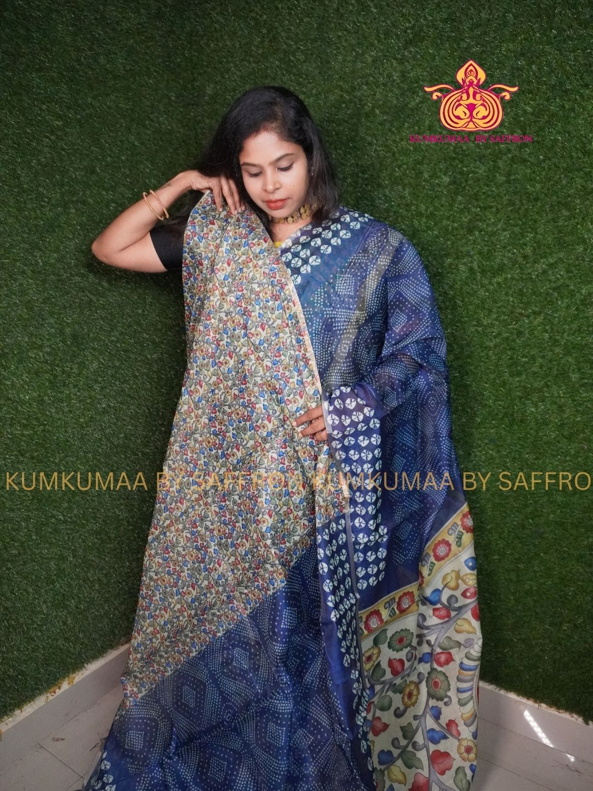 CHANDERI COTTON - BLUE - BANDHINI DESIGN FLORAL BLOUSE AND PALLU- PROFESSIONAL WEAR- MINIMALIST BORDER - LATEST COLLECTION - KUMKUMAA BY SAFFRON - ELITE DESIGN