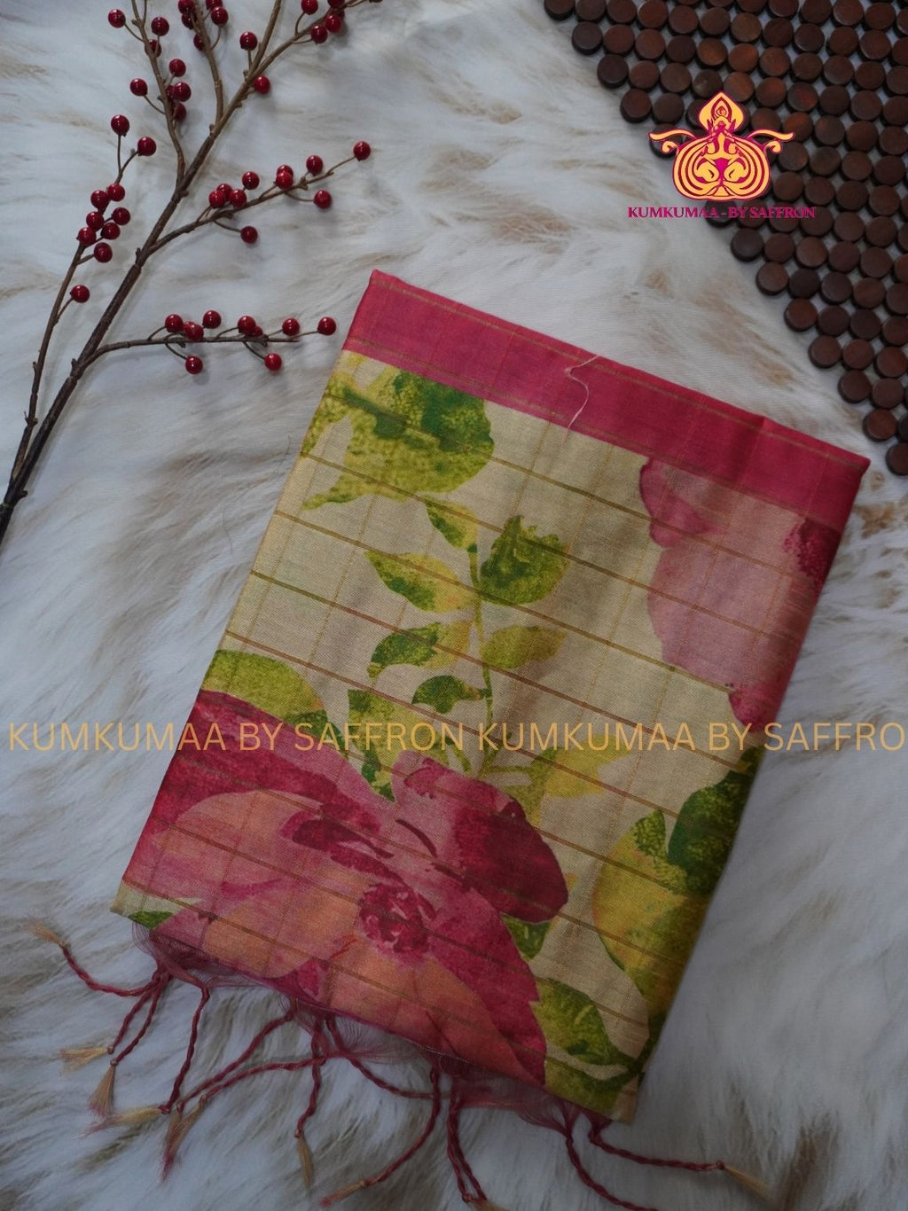 TUSSAR SILK - BEIGE AND PINK - FLOWER DESIGN SAREE - CHECKED DESIGN - WITHOUT BORDER - LATEST COLLECTION - KUMKUMAA BY SAFFRON - UNIQUE DESIGN