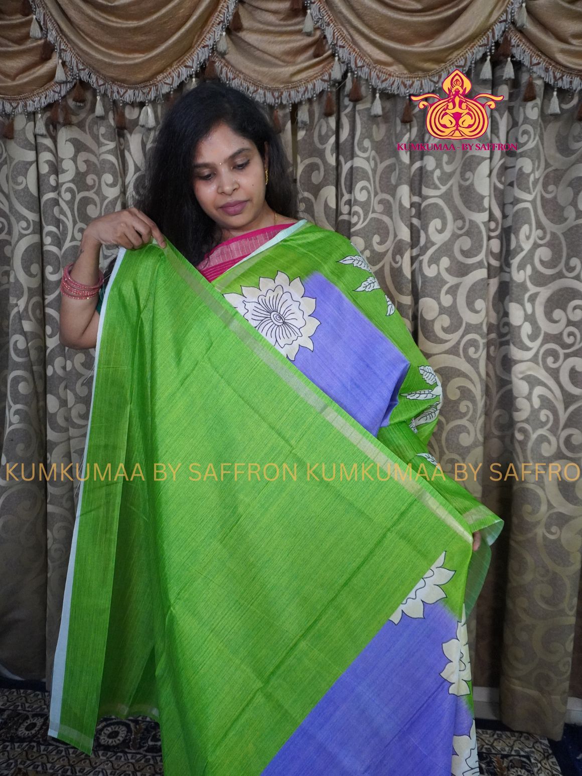 TUSSAR SILK - LAVENDER AND LIGHT GREEN - FLORAL PRINTED SAREE - SKIRTING BORDER - LATEST COLLECTION - KUMKUMAA BY SAFFRON - UNIQUE DESIGN