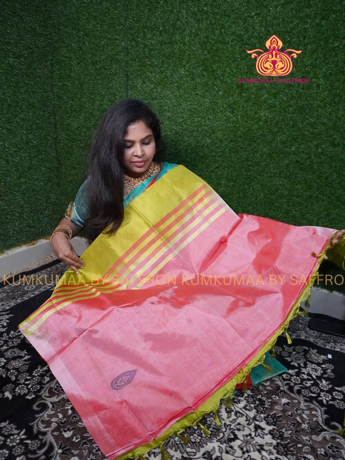 VAAZHAINAAR PATTU - PINK AND GREEN SAREE - WITHOUT BORDER- TRADITIONAL WITHOUT BLOUSE - Kumkumaa TRADITIONAL