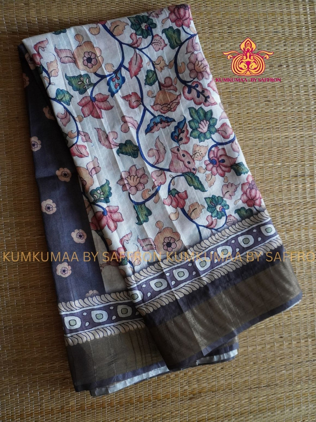 TUSSAR SILK - WHITE WITH FLORAL KALAMKARI PRINTED SAREE - LATEST COLLECTION - KUMKUMAA BY SAFFRON - UNIQUE DESIGN