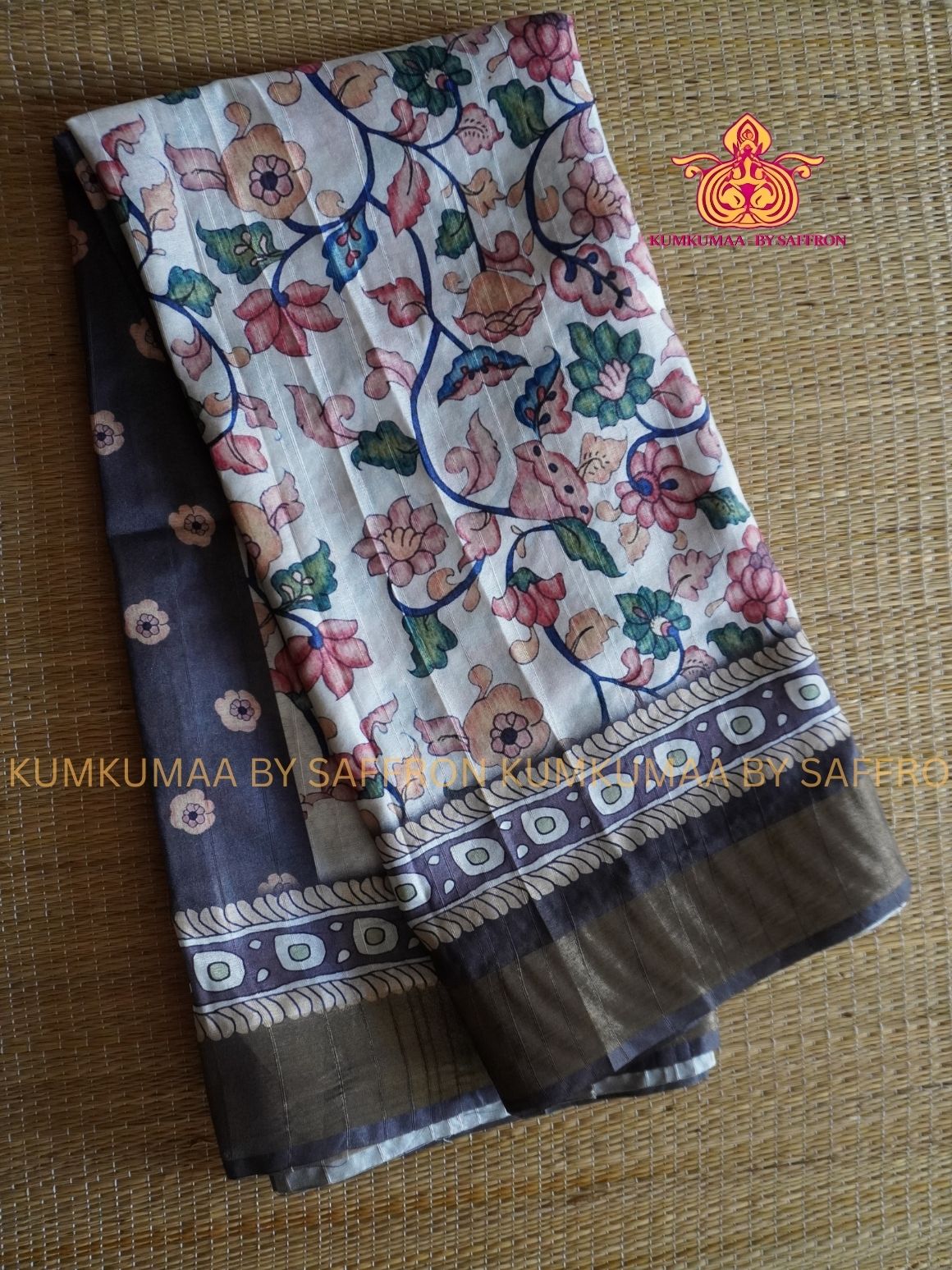 TUSSAR SILK - WHITE WITH FLORAL KALAMKARI PRINTED SAREE - LATEST COLLECTION - KUMKUMAA BY SAFFRON - UNIQUE DESIGN