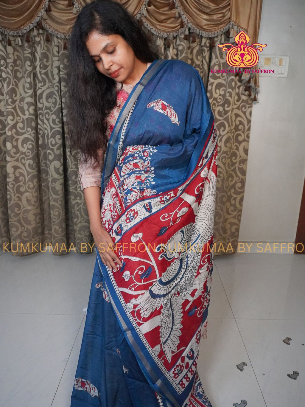 MAHESHWARI COTTON SILK- BLUE AND RED SAREE WITH BLOUSE - MINIMALISTIC BORDER -FLORAL DESIGN PRINTED- Kumkumaa FESTIVE - OCCASION ELEGANCE - STYLISH AND BEAUTIFUL