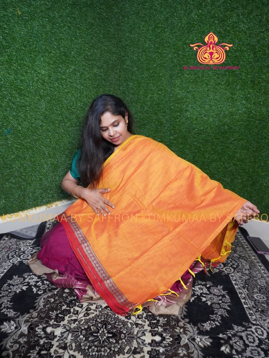 NARAYANPET - ORANGE YELLOW AND MAJANTA SAREE - RUDHRAKSH BORDER- WITH BLOUSE - Kumkumaa SPECIAL COLLECTION- COMFORT MEETS TRADITION