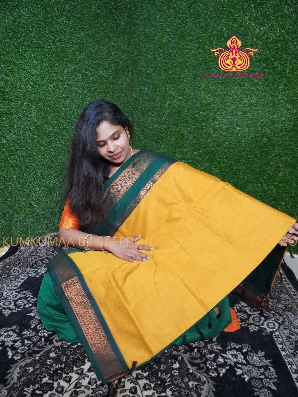 KALYANI COTTON -YELLOW SAREE WITH GREEN GOLD ZARI BORDER - Kumkumaa Exclusive traditional festival temple wear