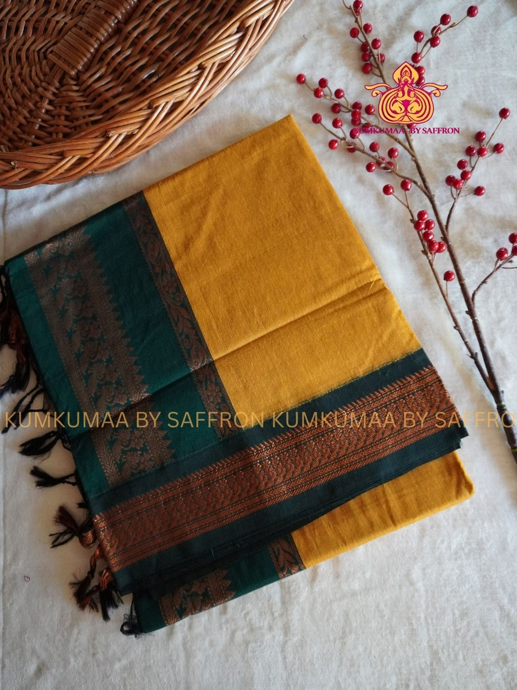 KALYANI COTTON -YELLOW SAREE WITH GREEN GOLD ZARI BORDER - Kumkumaa Exclusive traditional festival temple wear